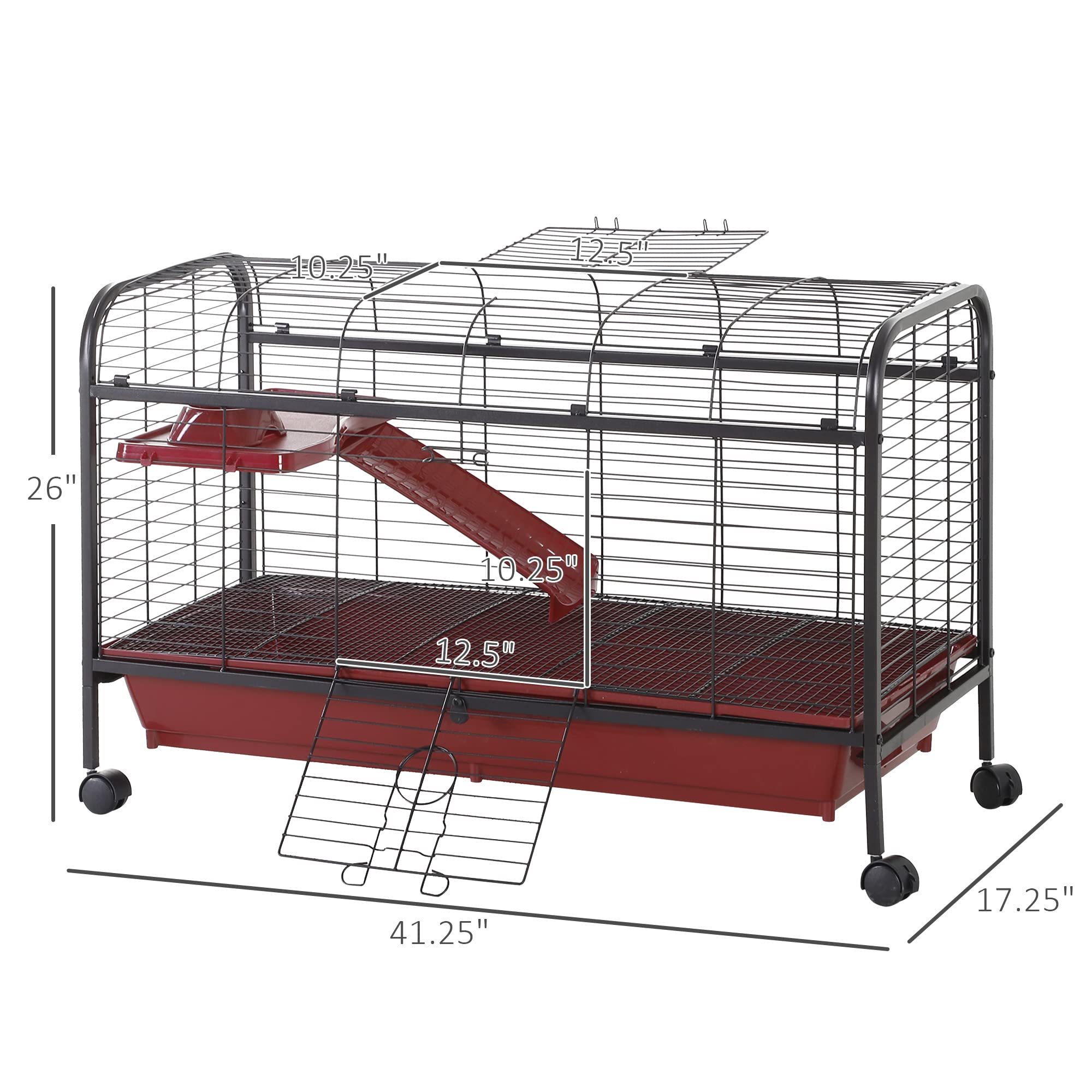 Pawhut 41' L Small Animal Cage Rabbit Hutch Ferret Pet Play House With Feeder, Rolling Wheels, Platform, Ramp