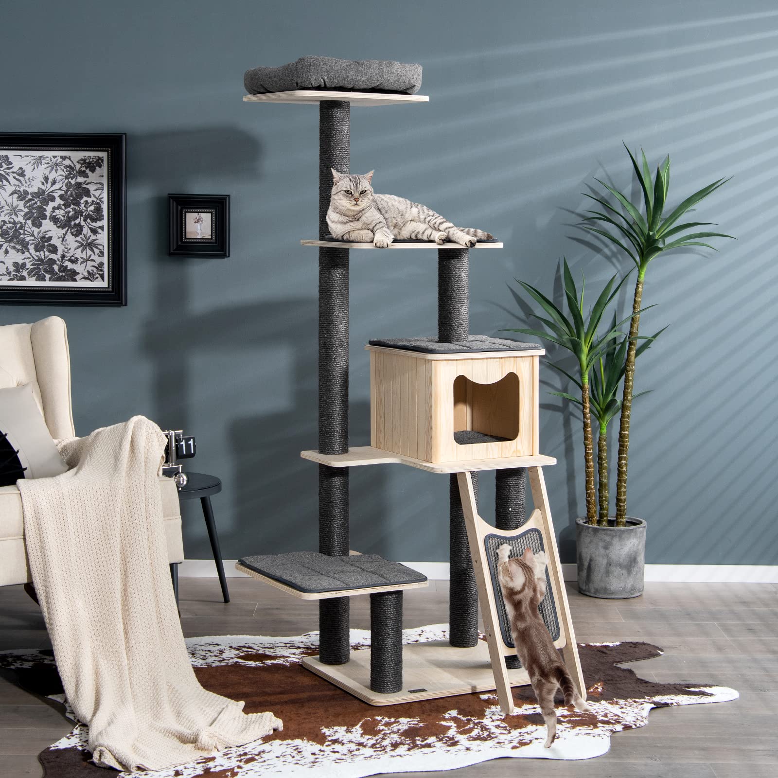 Tangkula Tall Cat Tree, 69 Inch 5-Tier Wood Cat Tower With Scratching Sisal Posts, Top Perch, Cute Cat Condo, Modern Cat Tree With Washable Cushions For Indoor Cats Large Adult (Grey)
