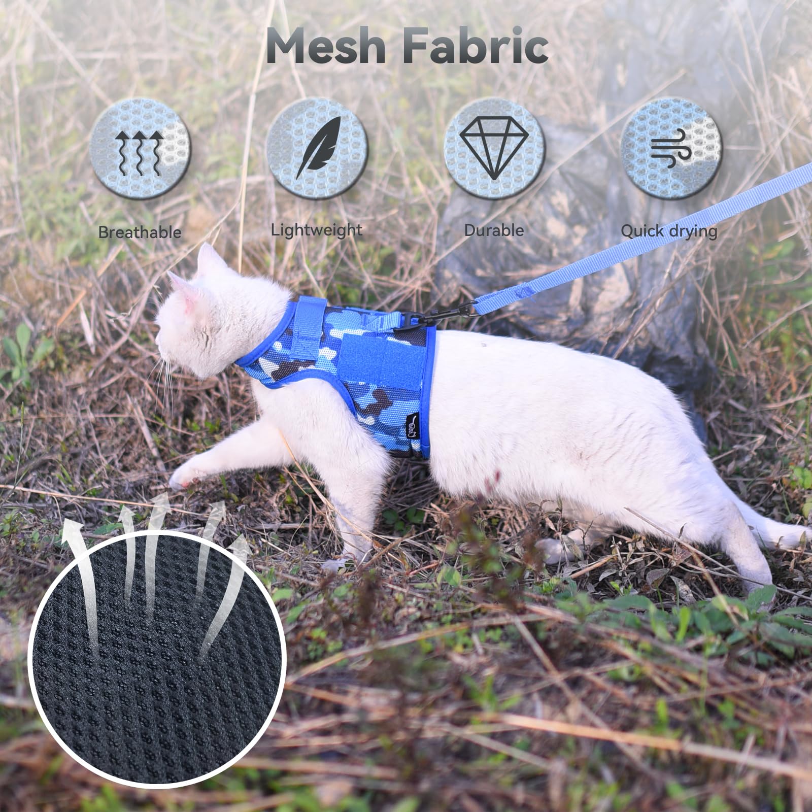 Tactical Kitty Harness and Leash for Walking Escape Proof Breathable Mesh Fabric, Ocean Camo, Small, Adjustable Cat Walking Jack