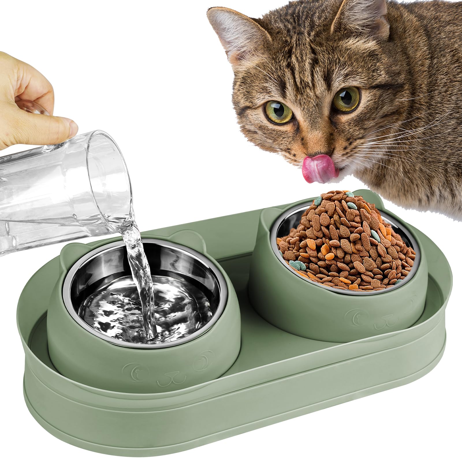KEVIDEAWL Elevated Cat Food Bowls, Raised Bowl with Stand, Stainless Steel, Tilted Anti Vomiting, Double Cat Food and Water Bowl