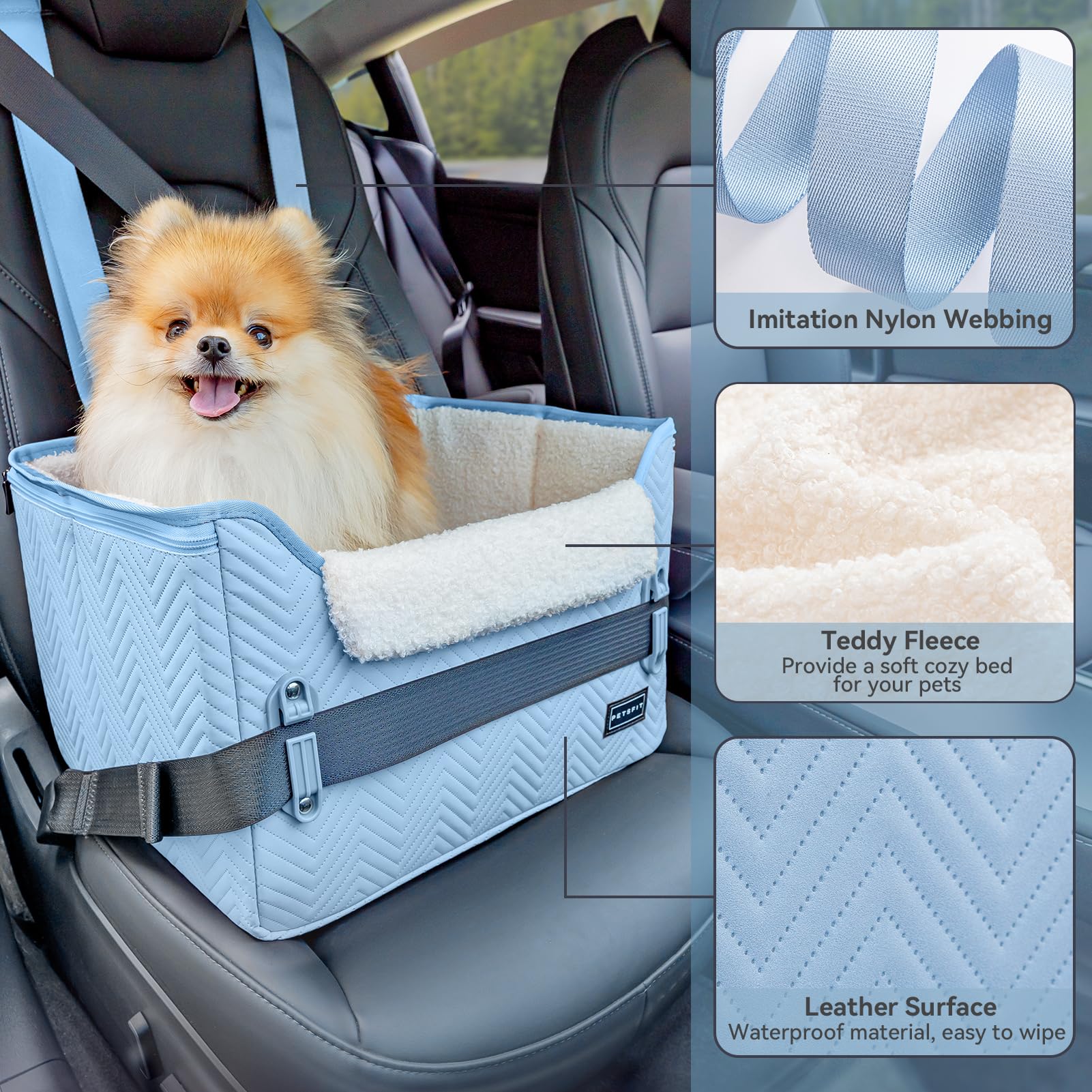 Petsfit Dog Car Seat Medium Sized Dog, Stable Small Dog Car Seat For Car With Clip-On Leash, Fleece Liner Suitable For Small Pets Up To 25Lbs (Blue)