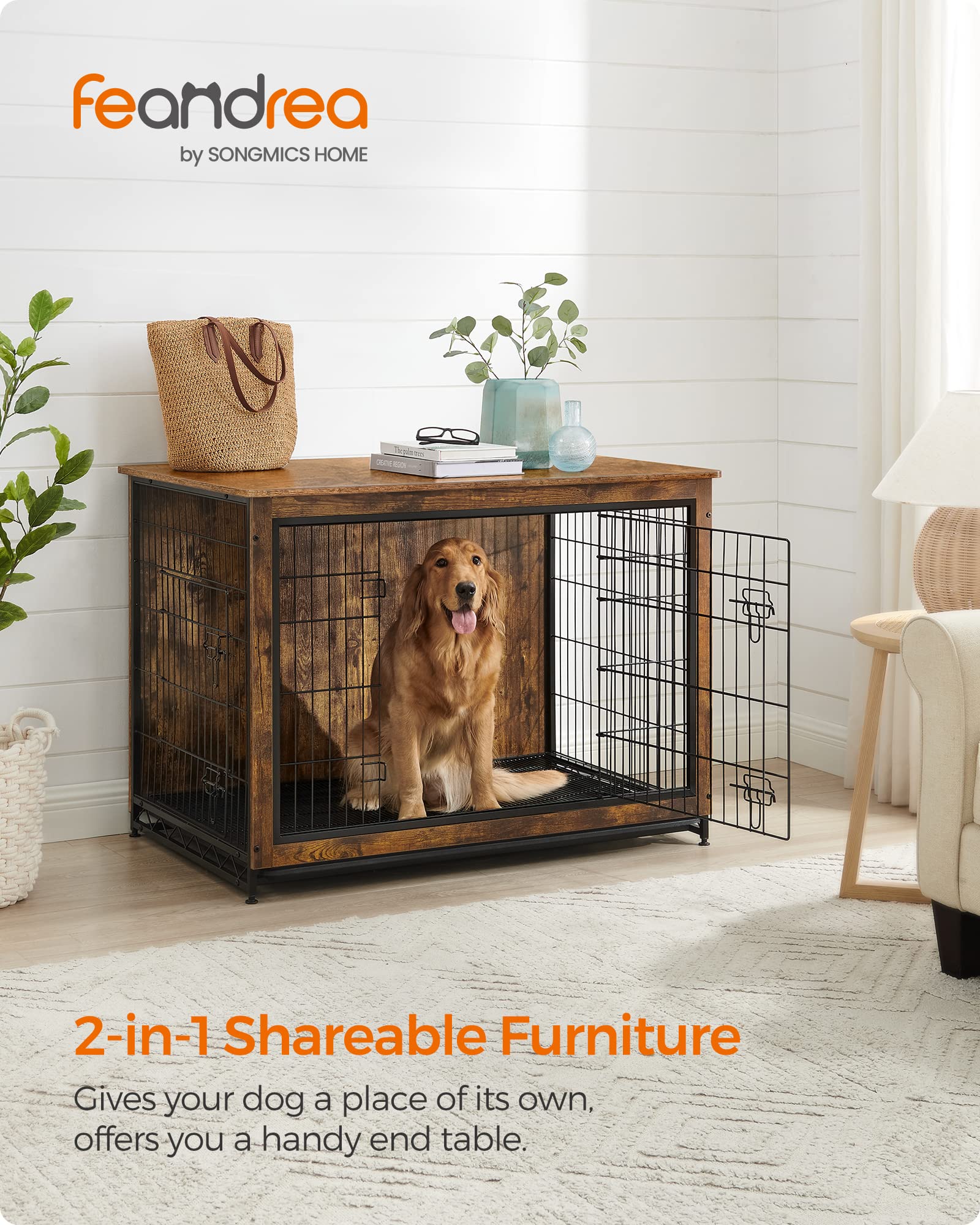 Feandrea Dog Crate Furniture, 44.1 Side End Table, Modern Kennel for Dogs Indoor up to 80 lb, Heavy-Duty Dog Cage with Multi-Pur