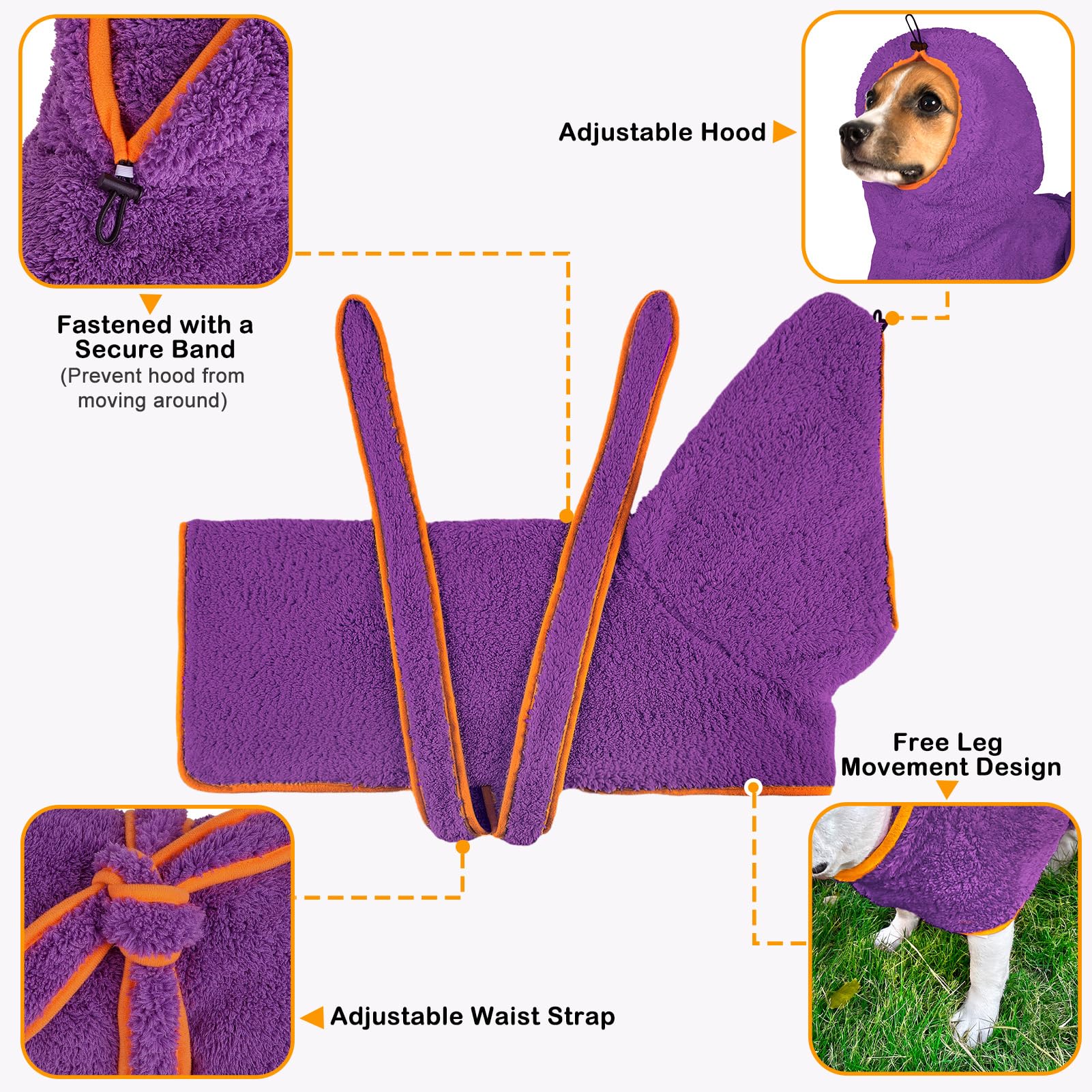 Bienbee Soft Dog Bathrobe,Super Absorbent & Quick-Drying Dog Robe With Hood, Cozy Drying Coat For After Bath, Purple Xl
