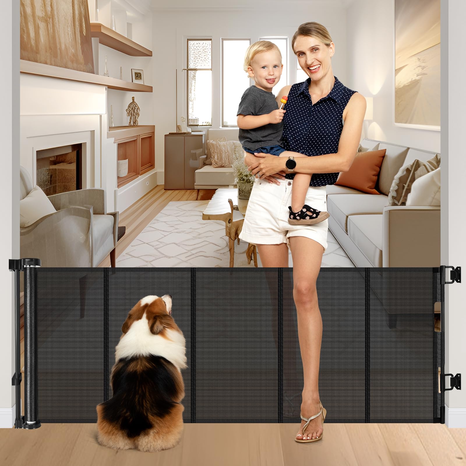 Reinforced 28 Inch Tall Retractable Dog Gate Small Baby Gate - Easy Step Over Dog Gate Short Pet Gate with Support Rods, 55'' Wi