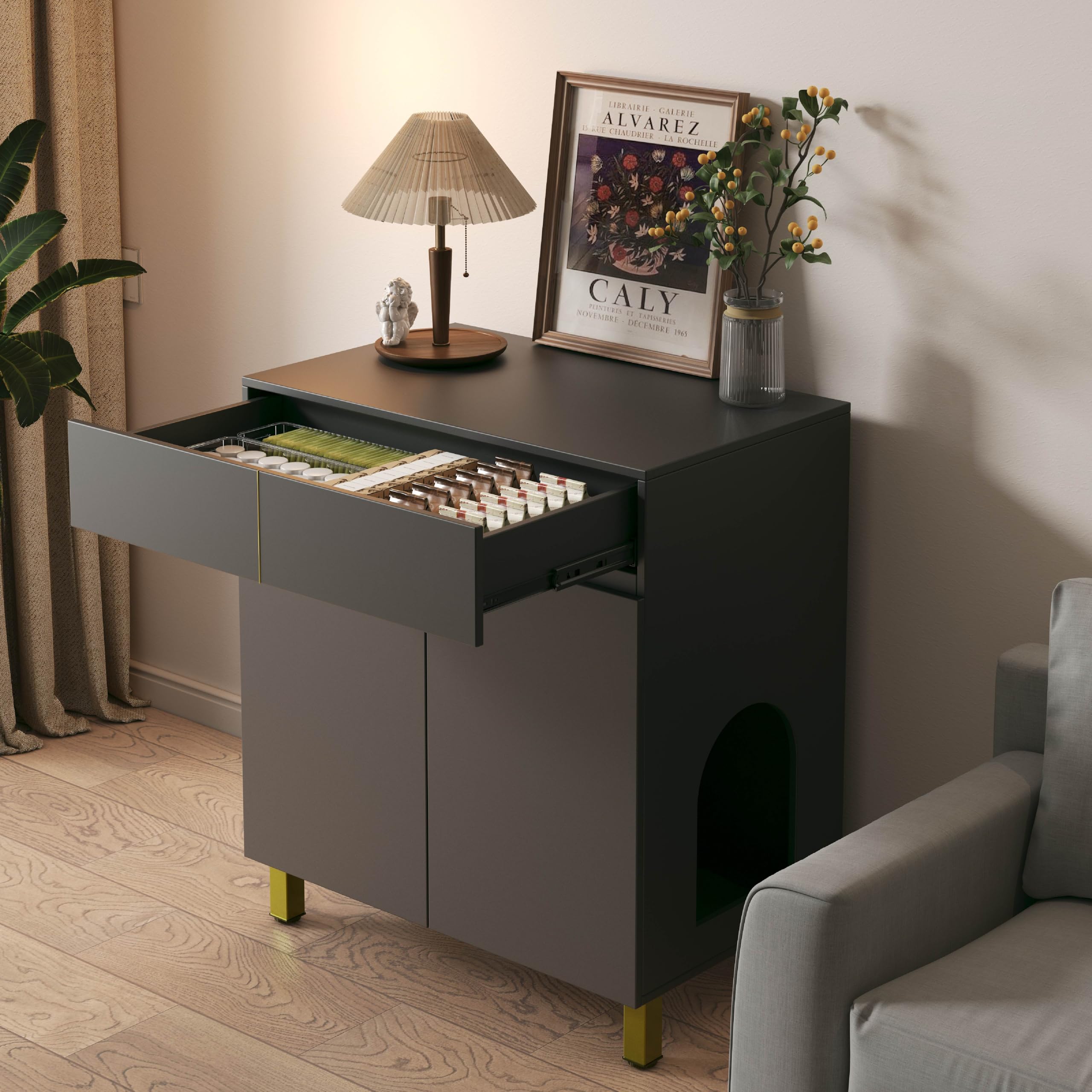 Amunrbrek Large/Tall Litter Box Enclosure, Modern Wooden Litter Box Furniture for XL Litterbox with Drawer as Sideboard Cabinet
