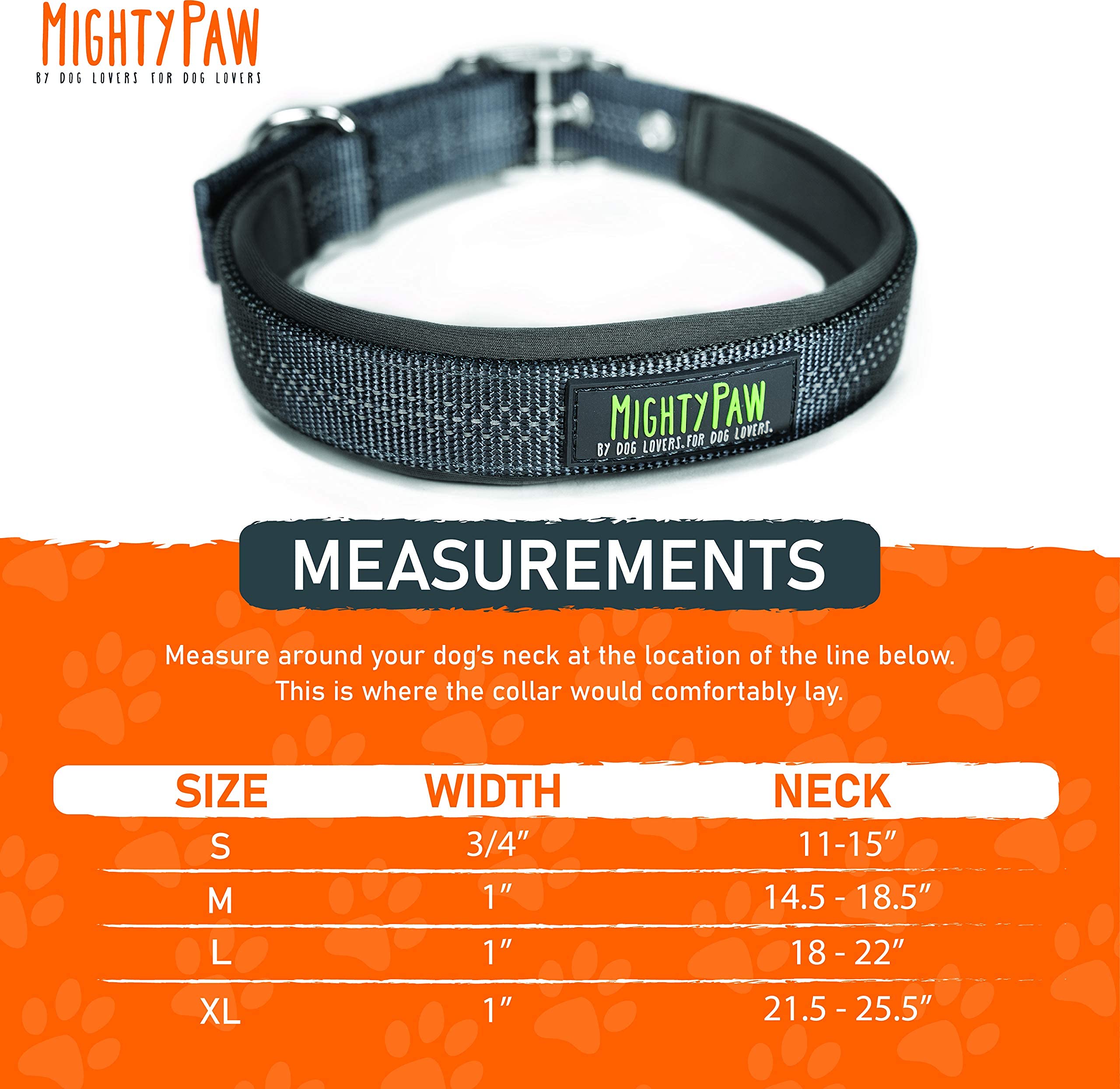 Mighty Paw Ultra Soft Dog Collar - Neoprene Padding, All-Metal Buckle - X-Large, Grey - SportCollar2.0