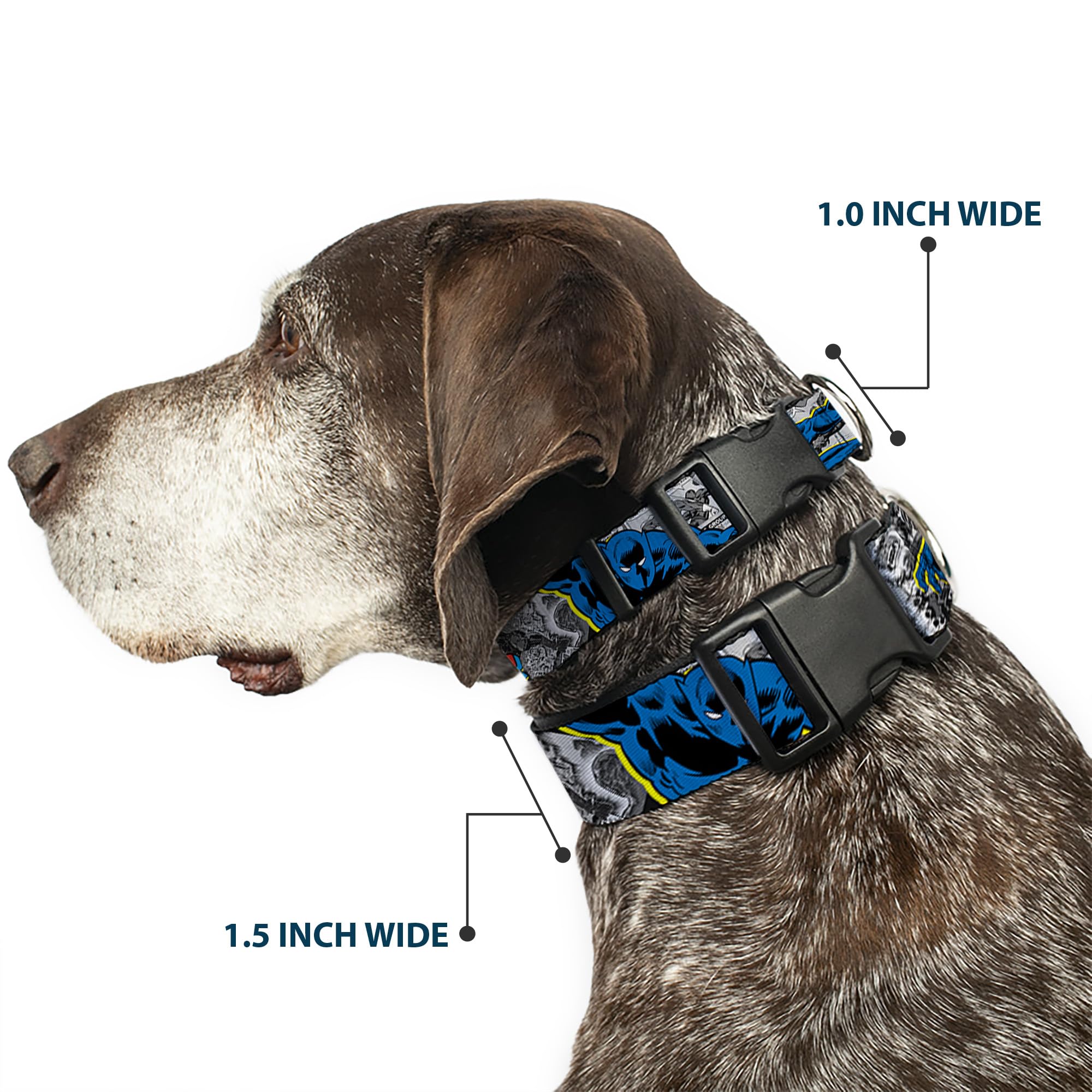Buckle-Down 'Black Panther Action Poses/Stacked Comics Grays/Yellow/Blue/Red' Plastic Clip Collar, 1/2' X 9-15'/Large