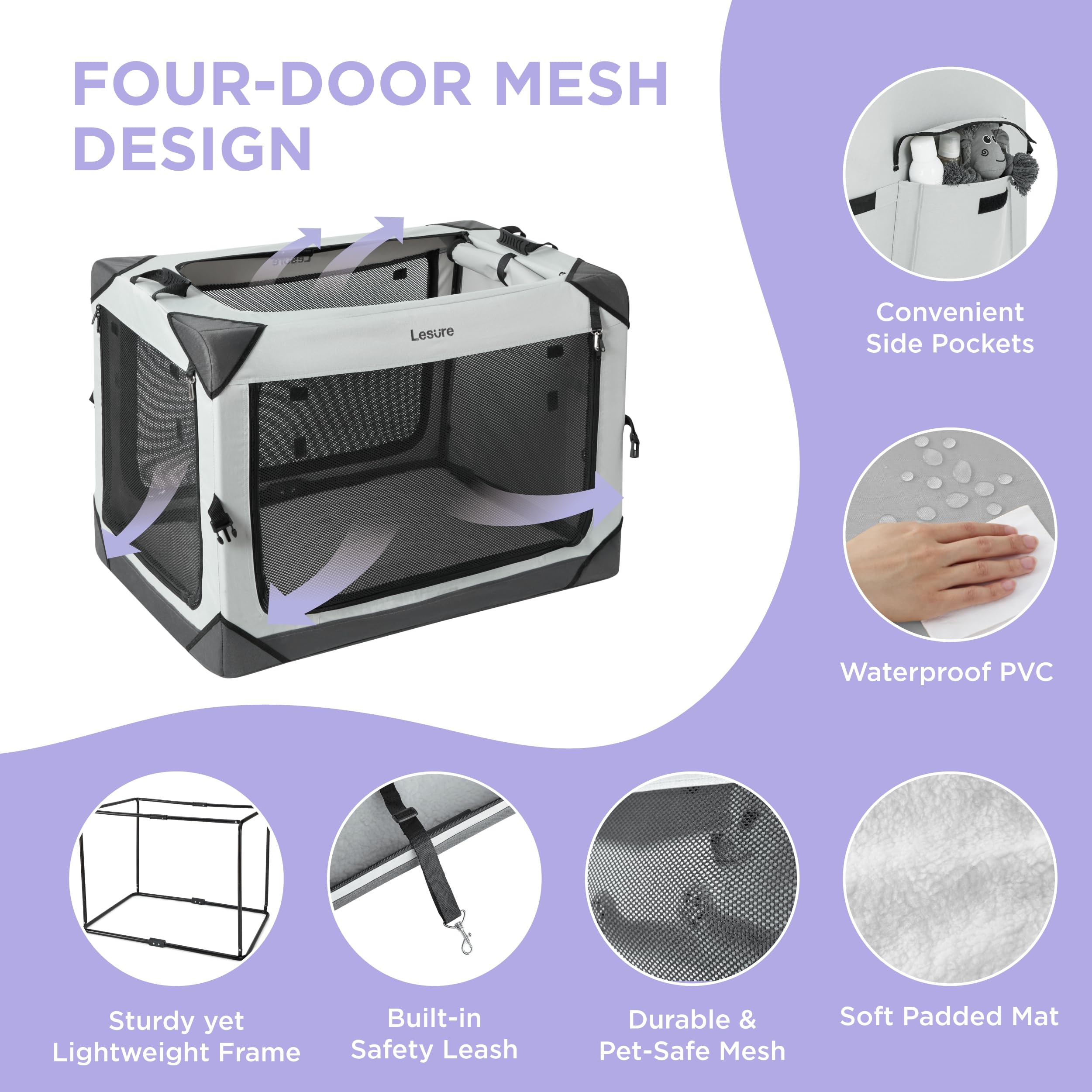 Lesure Collapsible Dog Crate - Portable Travel Kennel For Medium Dog, 4-Door Pet Crate With Durable Mesh Windows, Indoor & Outdo