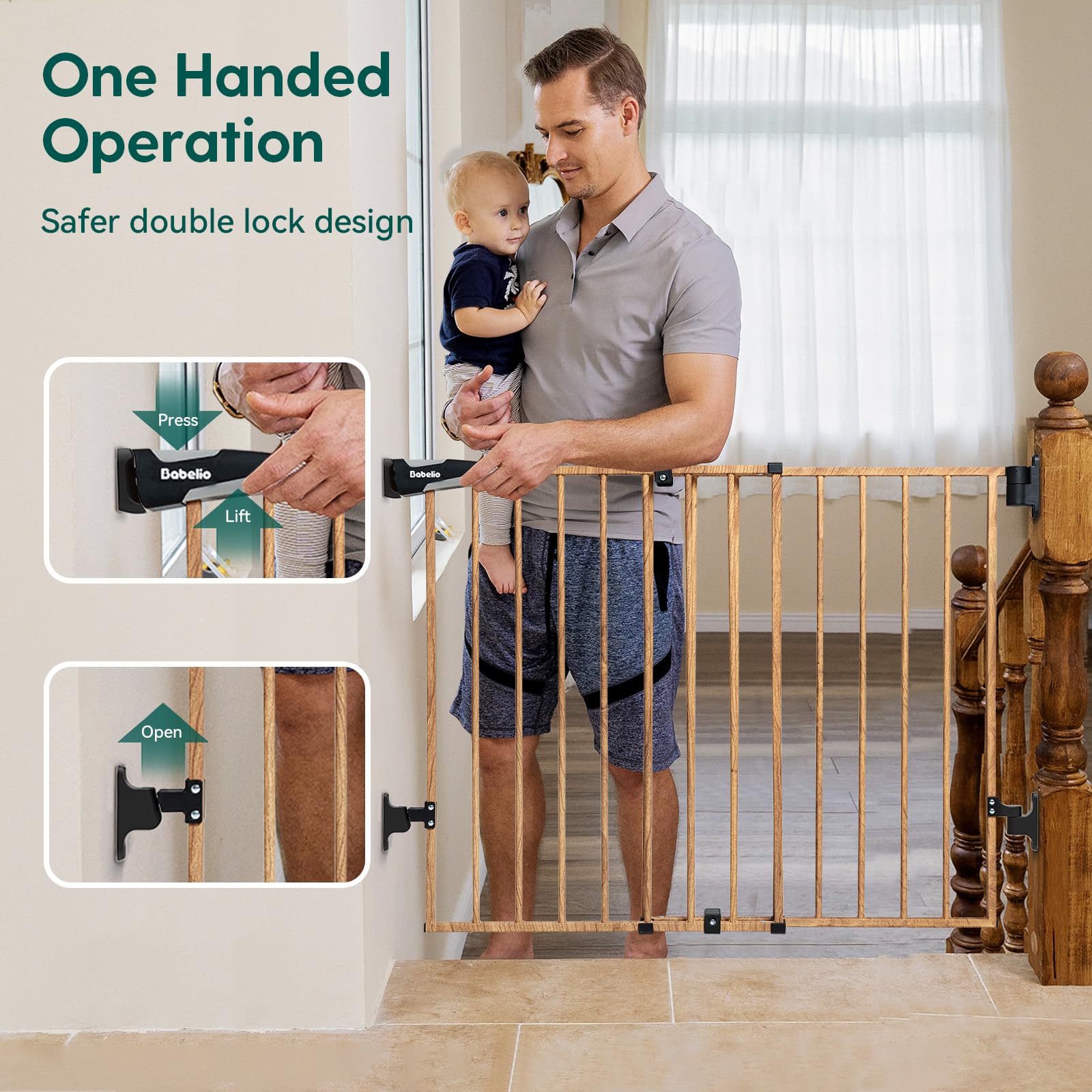 Babelio 34' Extra Tall Baby/Dog Gate With No Threshold Design Walk Thru Door, 26-43' Auto Close Safety Gate For Babies, Elders And Pets, Fits Doorways, Stairs, And Entryways, Brown Wood Pattern