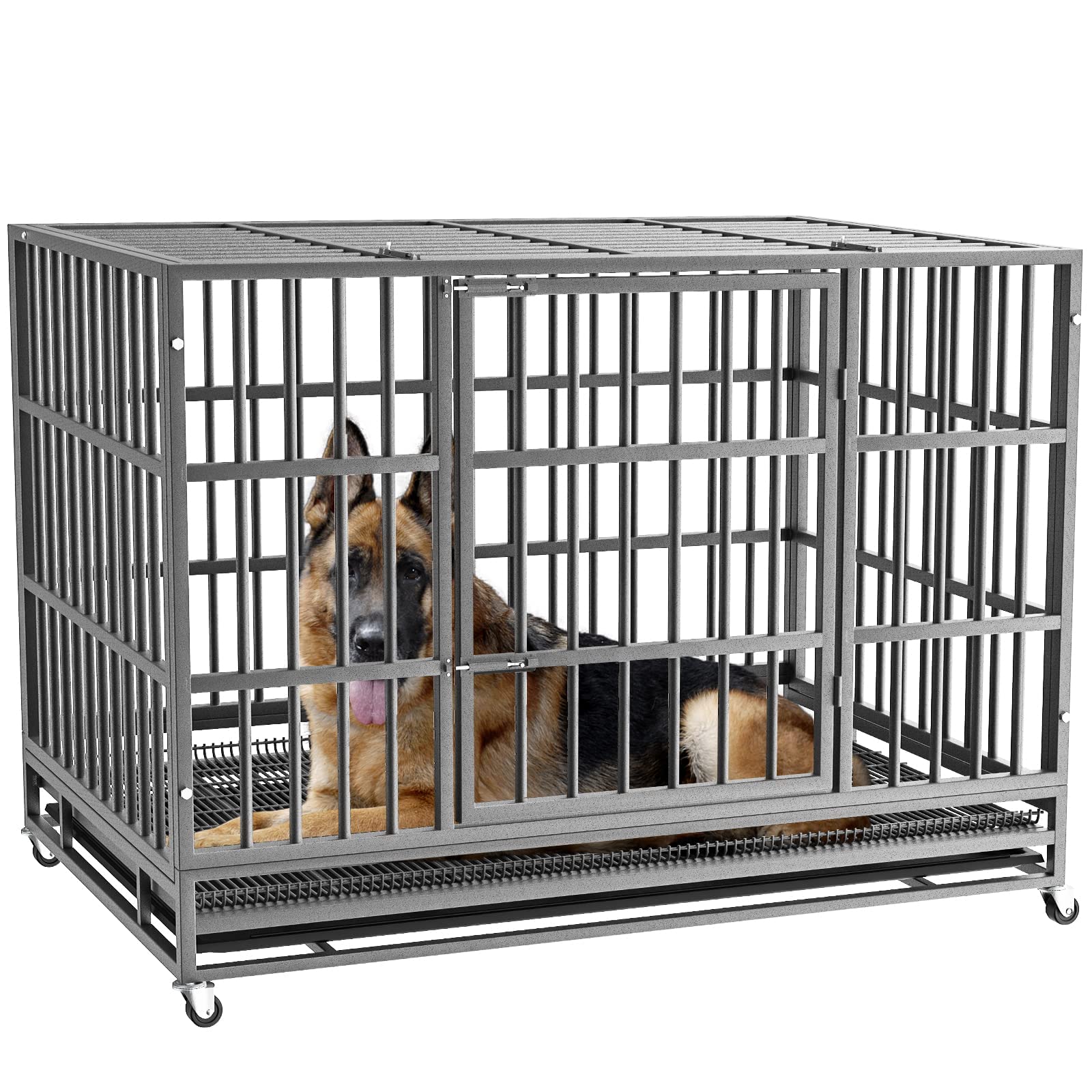 LEMBERI Heavy Duty Dog Crate - Indestructible Escape Proof Kennel, 48/38 Inch, Alloy Steel, Black, Double Door, Lockable Wheels
