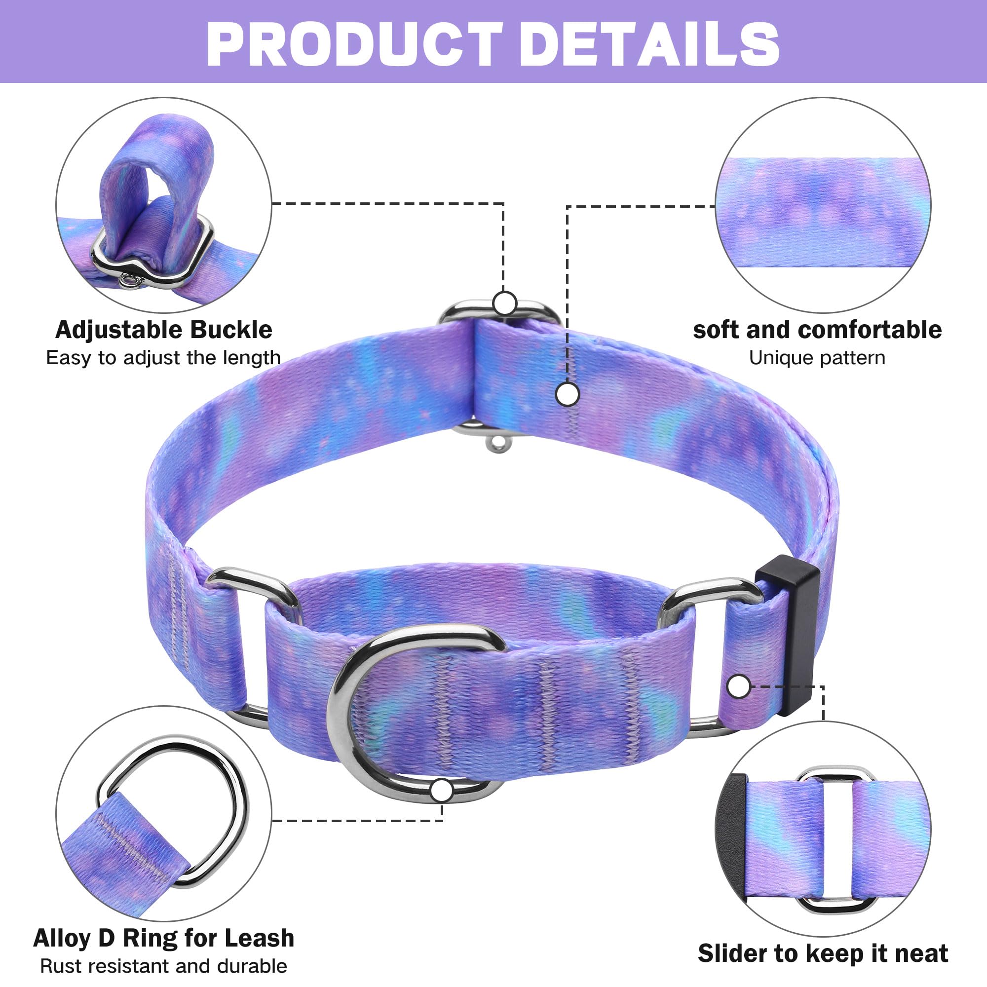 Hikiko Martingale Collar For Dogs With No Buckle Purple Gradient Training Dog Collars For Large Dogs,Tie Dye,L