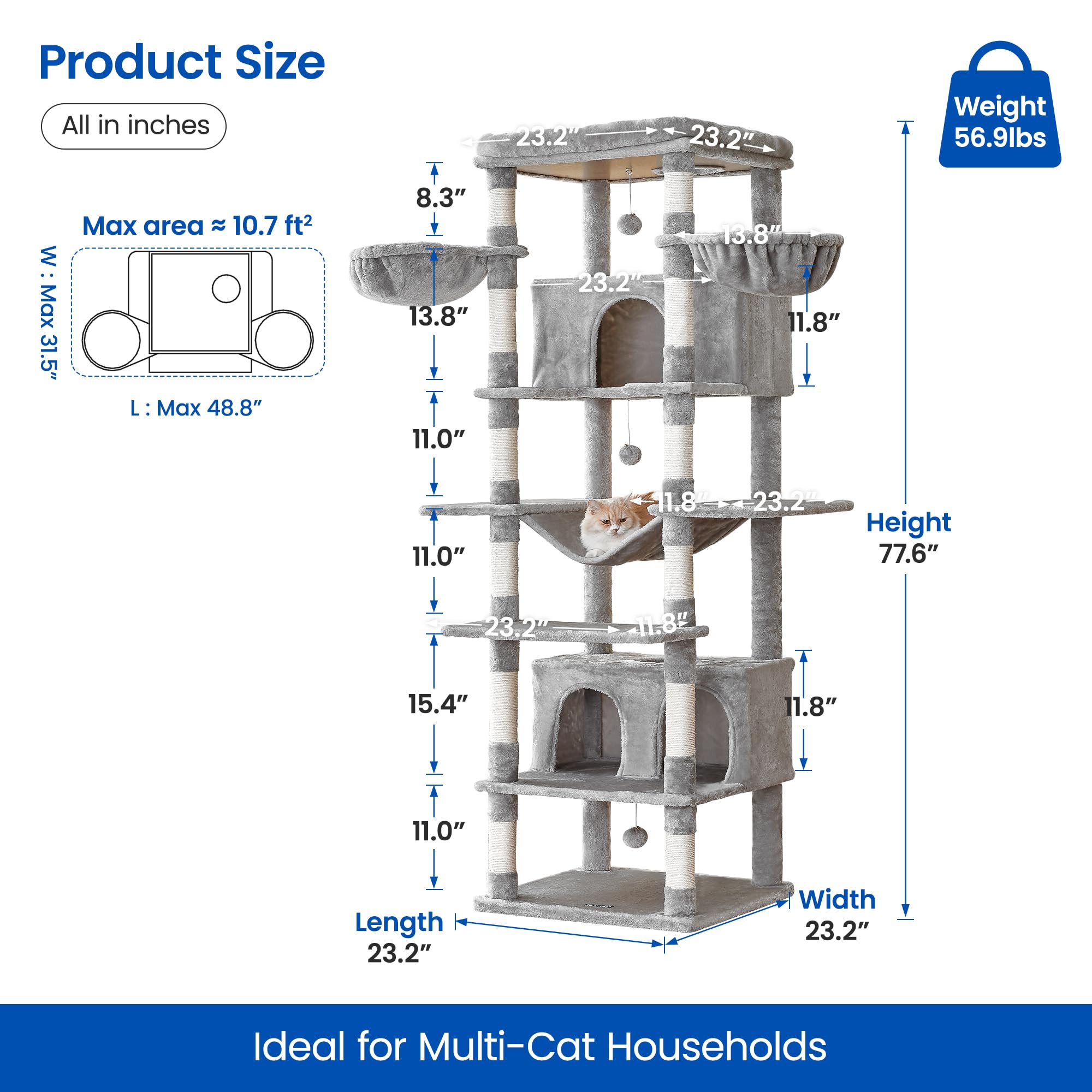 MWPO Extra Large Cat Tree, 77.6-Inch Tall, Light Grey, Engineered Wood, 2 Condos, 3 Hammocks, Model US-B871B