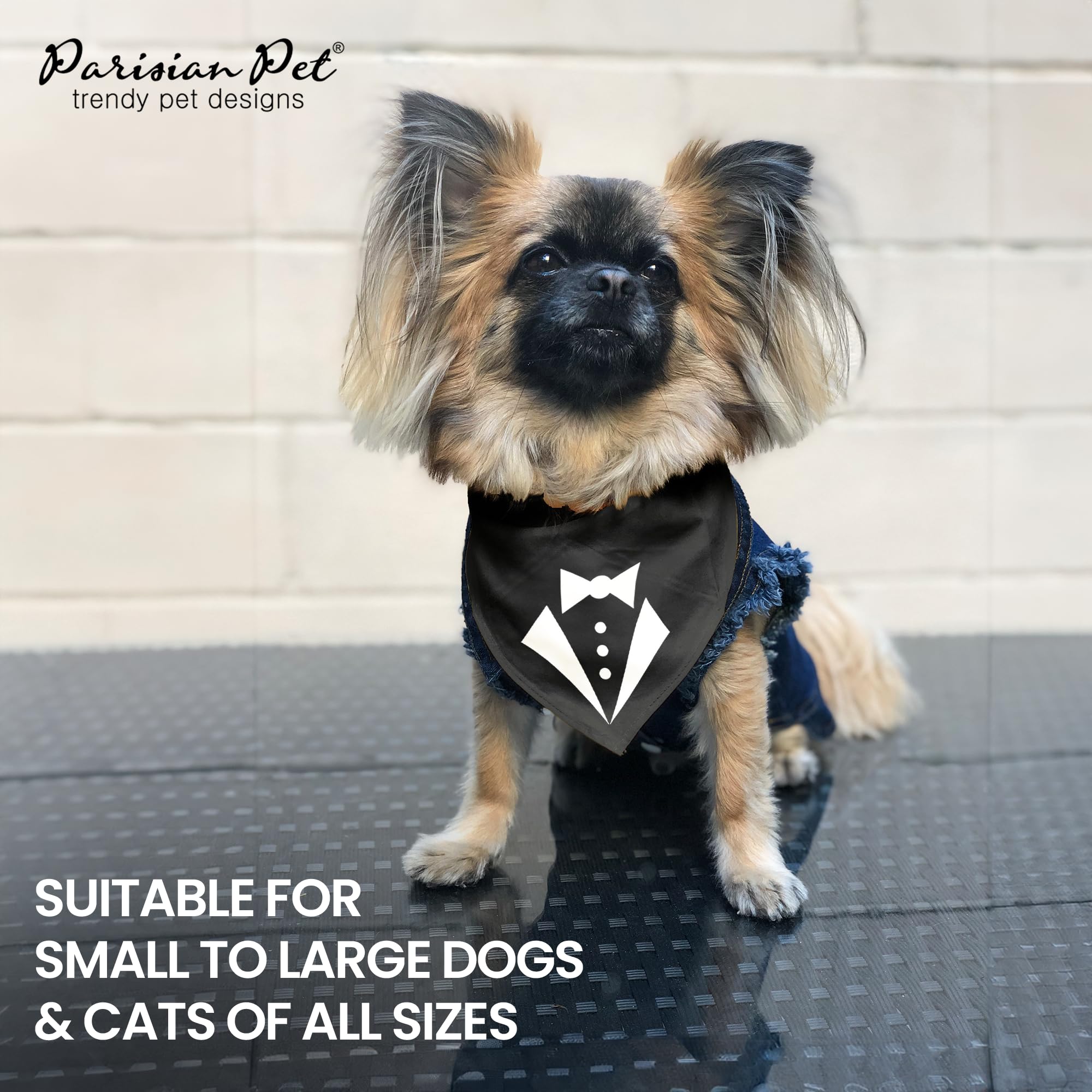 Parisian Pet Dog Bandanas With Printed 'Texedo' - Tie-On Adjustable Polyester Dog Tuxedo Bandana - Dog Scarf For Small Dogs - Washable Triangle Dog Bib - Black Handkerchief For Male Pets - S