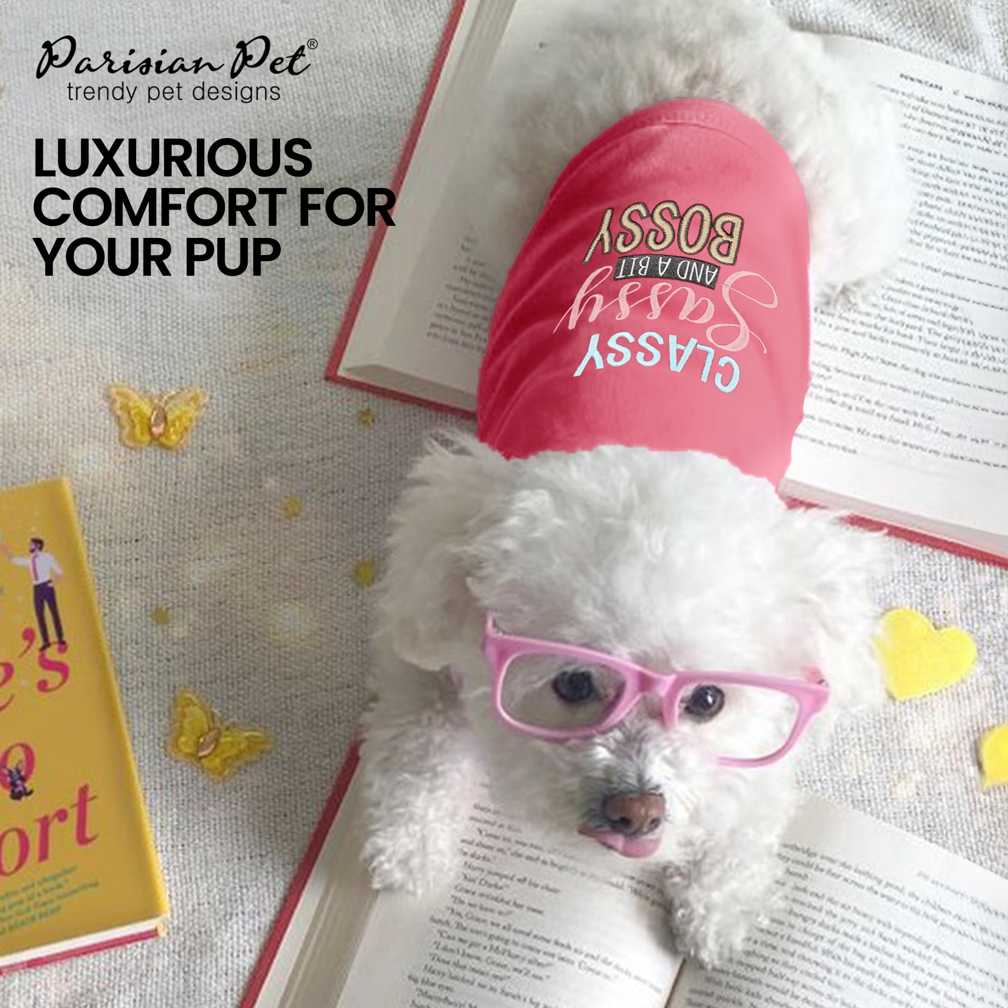 Parisian Pet Dog T-Shirt With Embroidered 'Classy, Sassy And Bit Bossy' Words - 100% Cotton, Pink Dog Clothes - Cute Pet Vest - Machine Washable Dog Shirts For Small Dogs, S