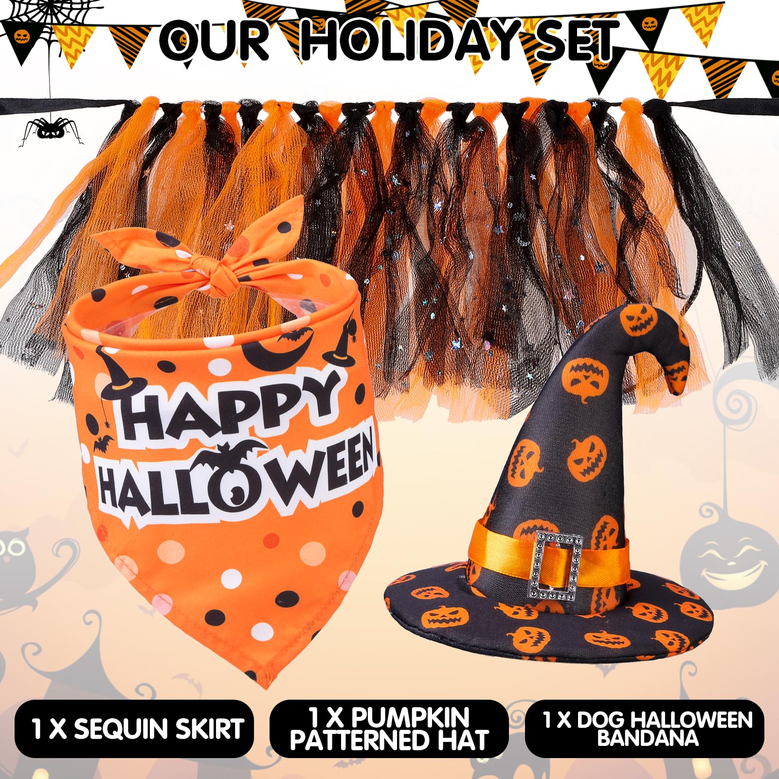 Scenereal Small Dog Halloween Costumes, Bandana Hat Dress Set, 3Pcs Puppy Party Supplies, Soft Triangle Scarf, Cute Tutu Skirt Outfit For Girl Boy Pet