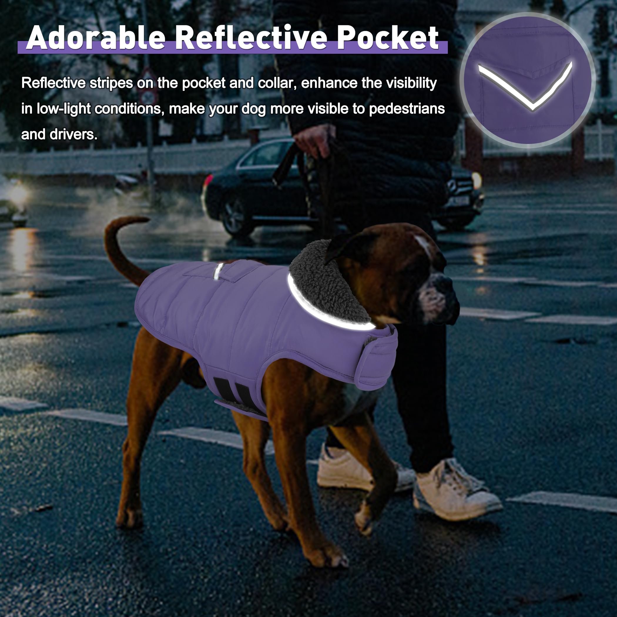 Petglad Waterproof Dog Coat - Reflective Adjustable Jacket, Warm Fleece Vest for XS Dogs, Light Purple
