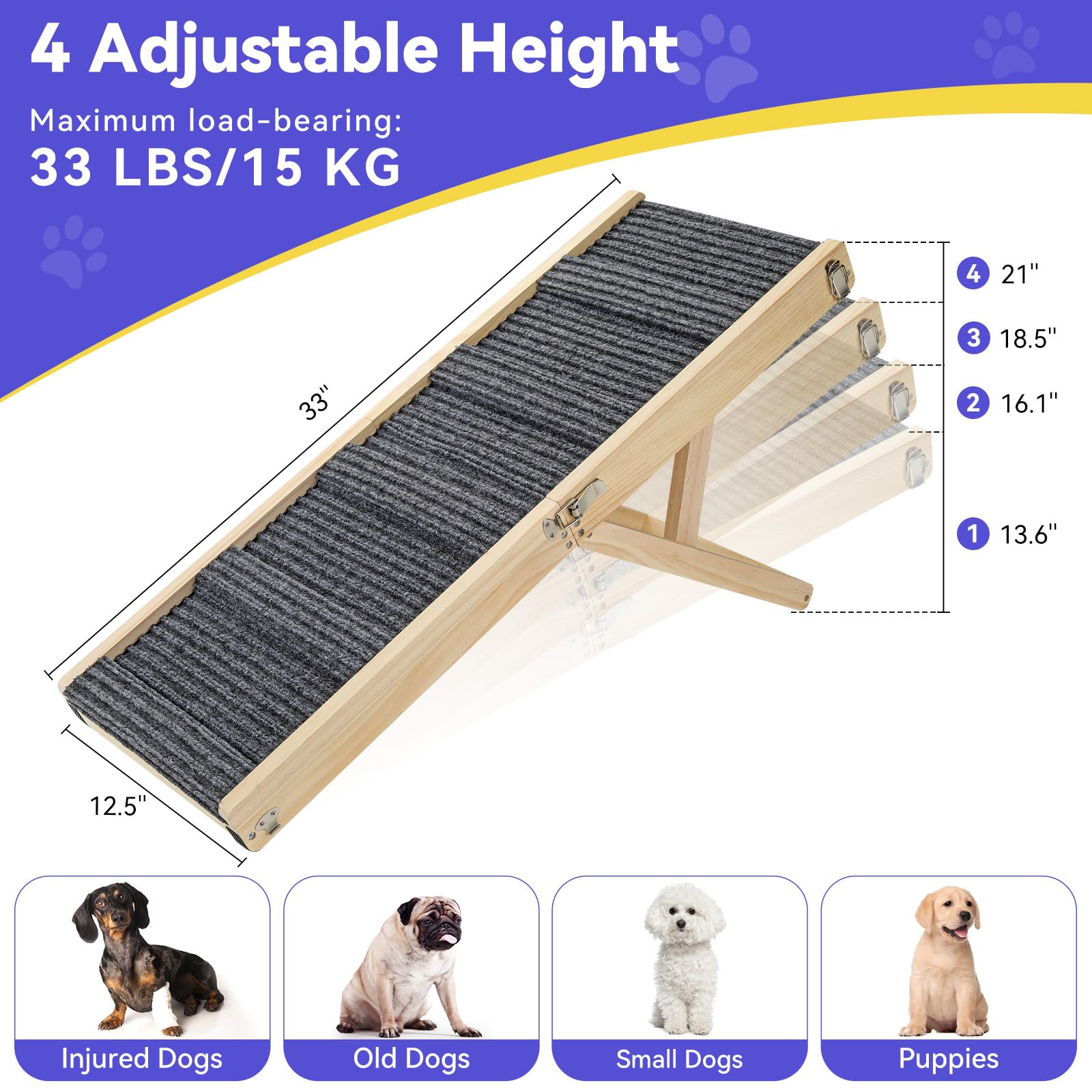 2026 Upgraded Dog Ramp for Couch, Foldable Small Dog Ramp for Sofa, 4 Adjustable Height from 13 to 21, Portable Stable Pet Ste
