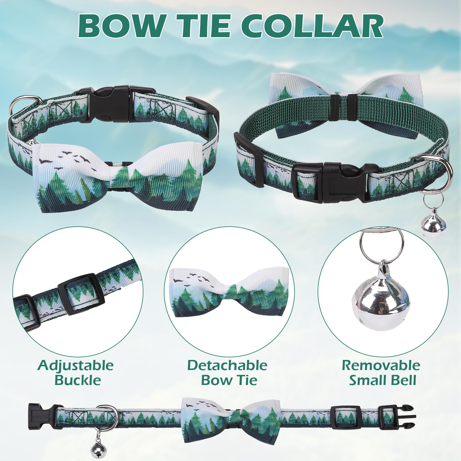 Expawlorer Small Dog Collar And Leash Set - Adjustable Dog Bandana Collar With Bell, Cute Dog Collar With Bow, Green Trees Patte
