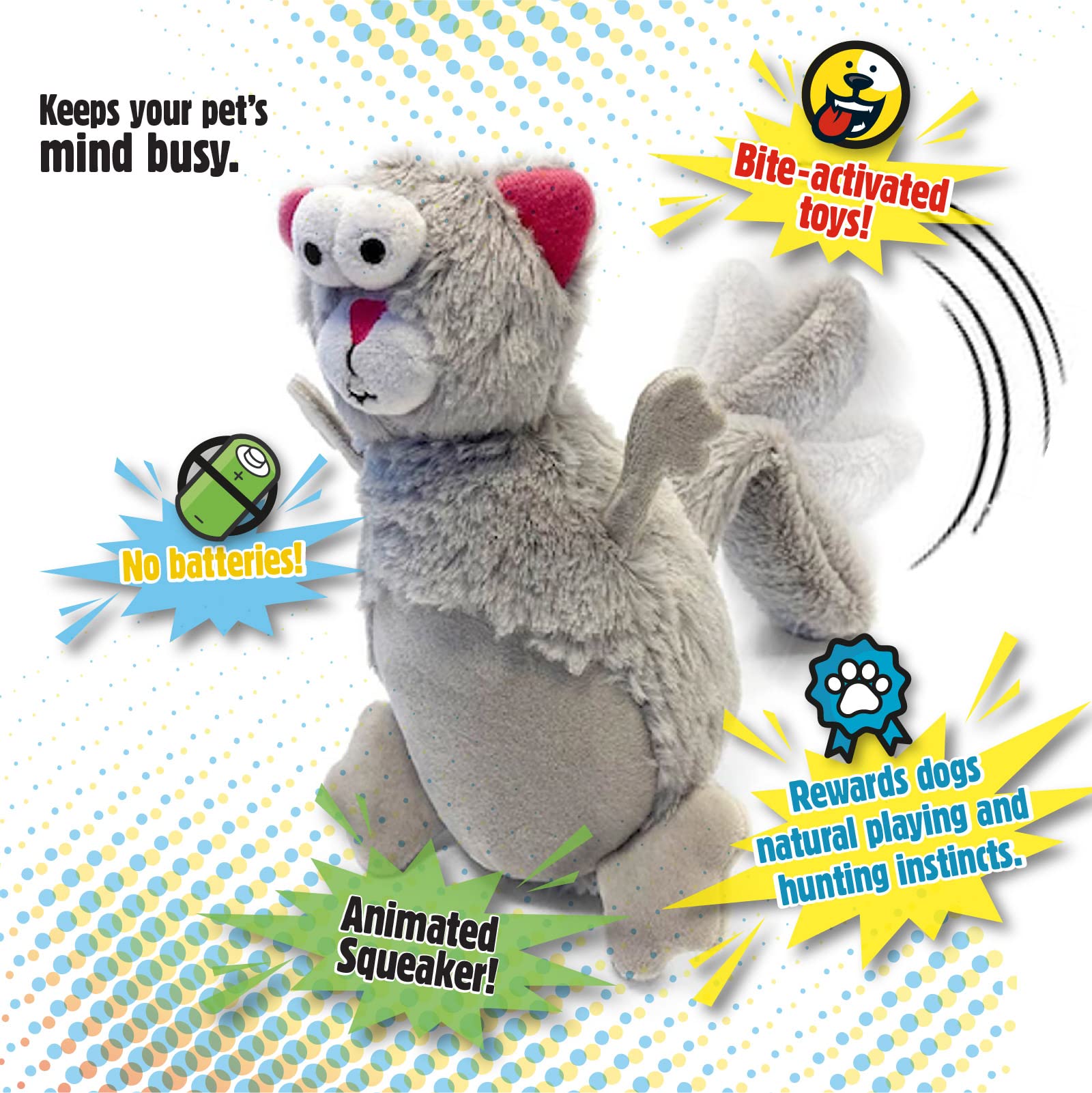 goDog Action Plush Squirrel Dog Toy - Chew Guard Technology, Gray, One Size, Model 73571