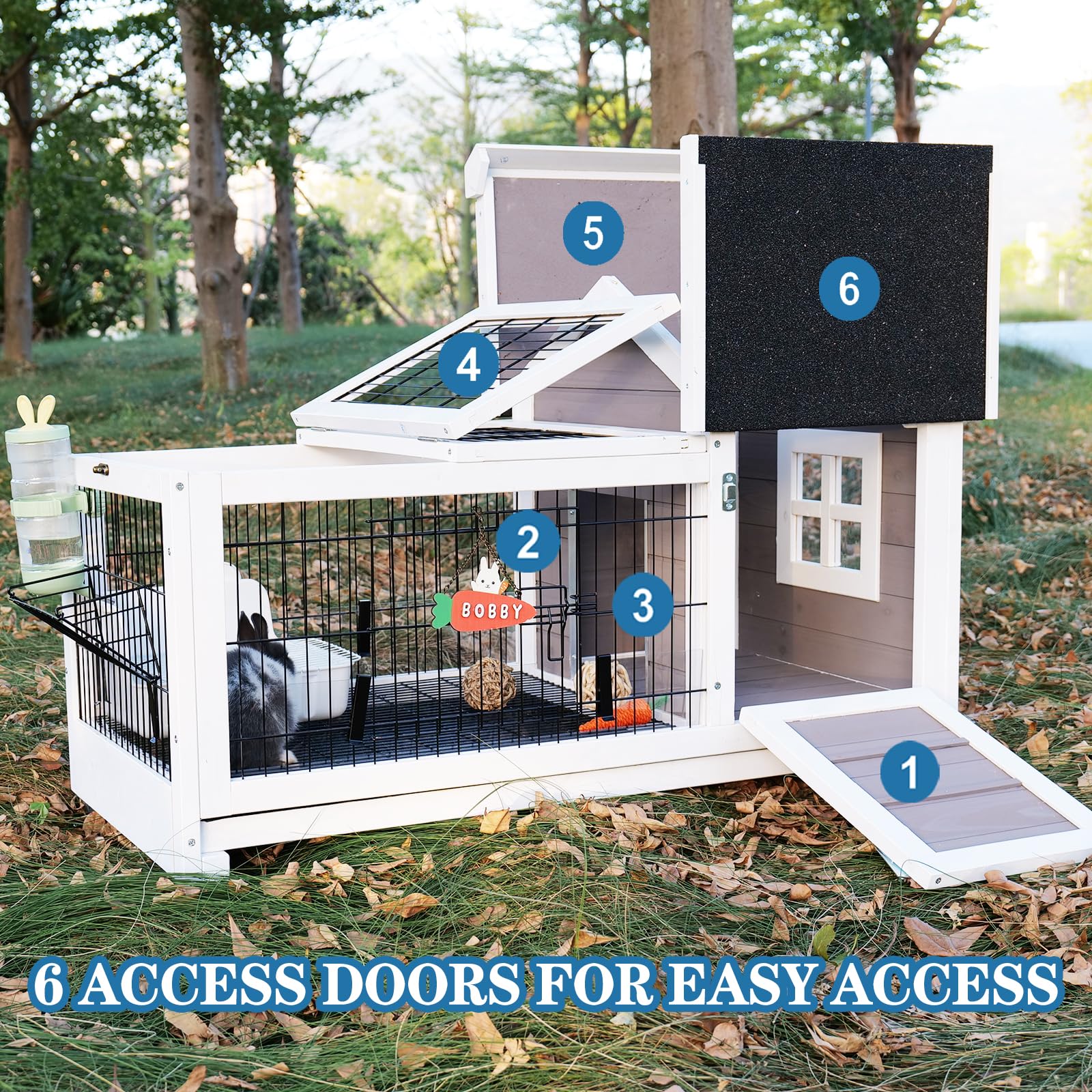 Funxplore Rabbit Hutch Indoor Outdoor Rabbit Cage Bunny Hutch With Casters, Urine Baffles Bottom Wire Floor Leakproof Tray Metal