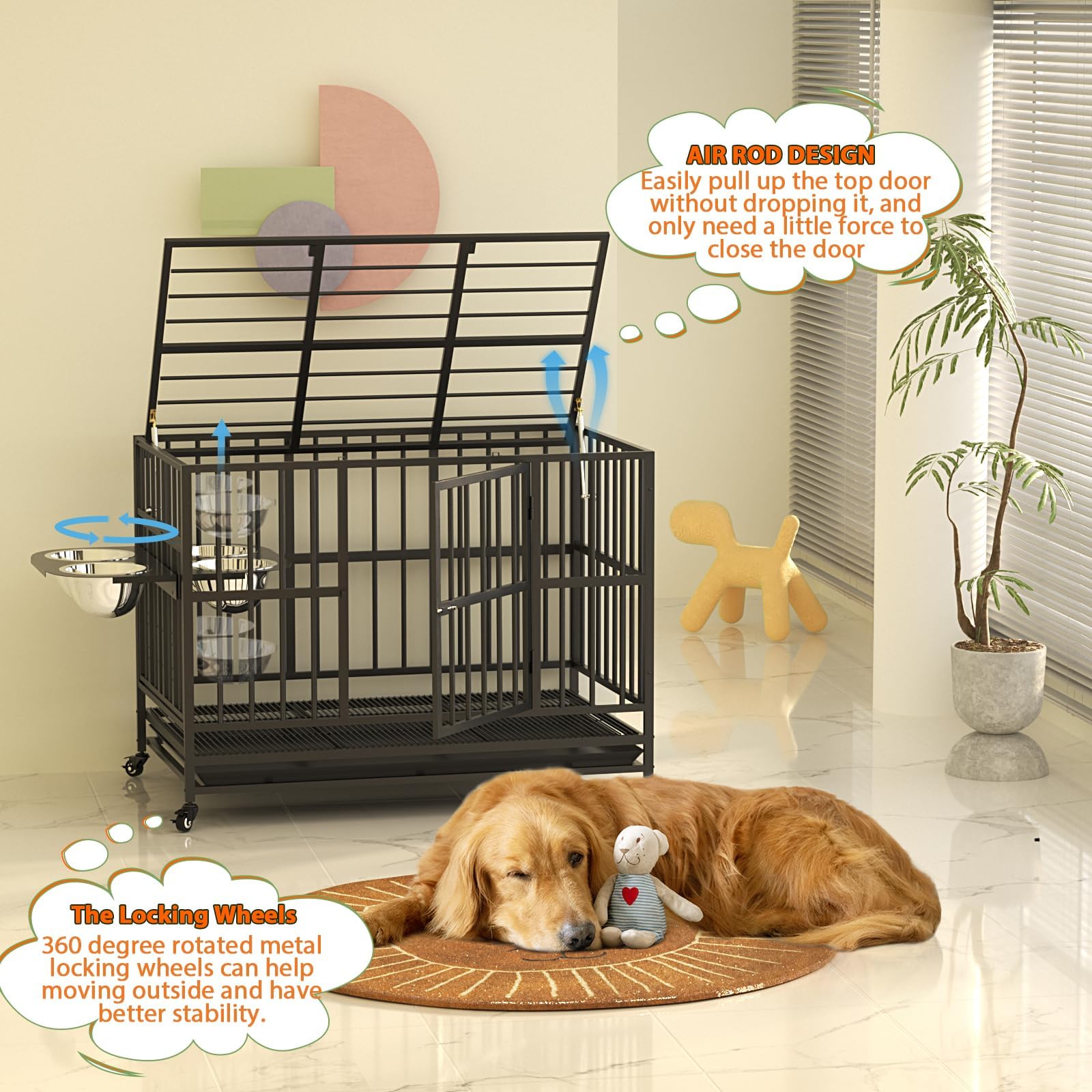 Lovmor 37'' Heavy Duty Dog Crate With Wheels/Unique Air Lift Rod / 360 & Adjustable 2 Bowls, Extra Small Dog Crate
