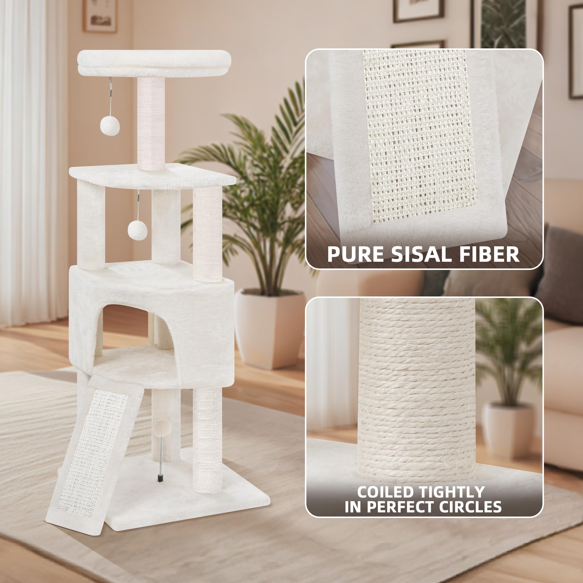 HUITREE Cat Tree Tower 45in with Condo, Scratching Post & Toys, Beige, Model 331