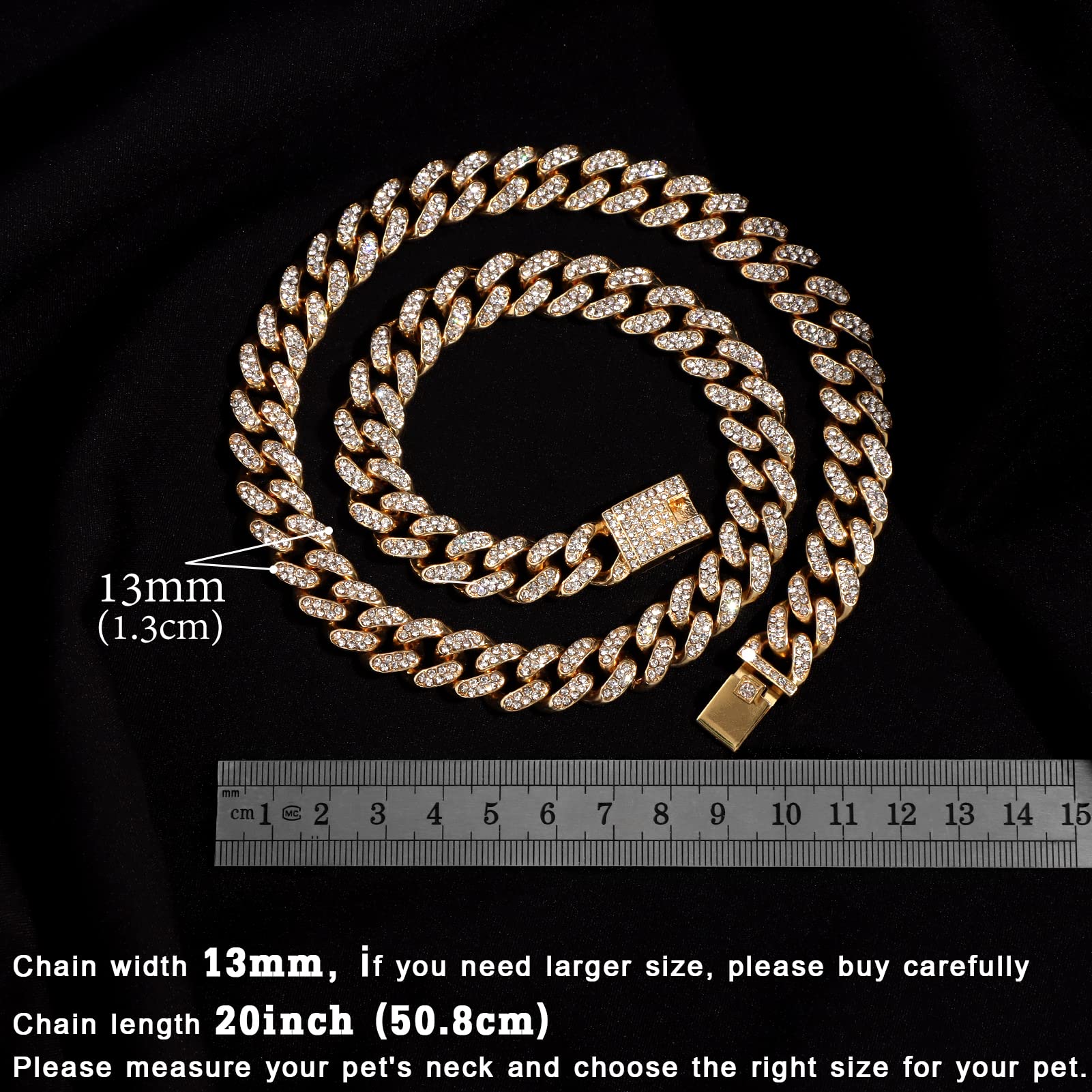 Flatfoosie Cuban Link Dog Collar Gold Silver Color Metal Dog Chain Collar Cuban Diamond Chain Pet Collars For Dogs Cats Jewelry 8/10/14/16/18/20/24/28 Inch (20Inch, Gold)