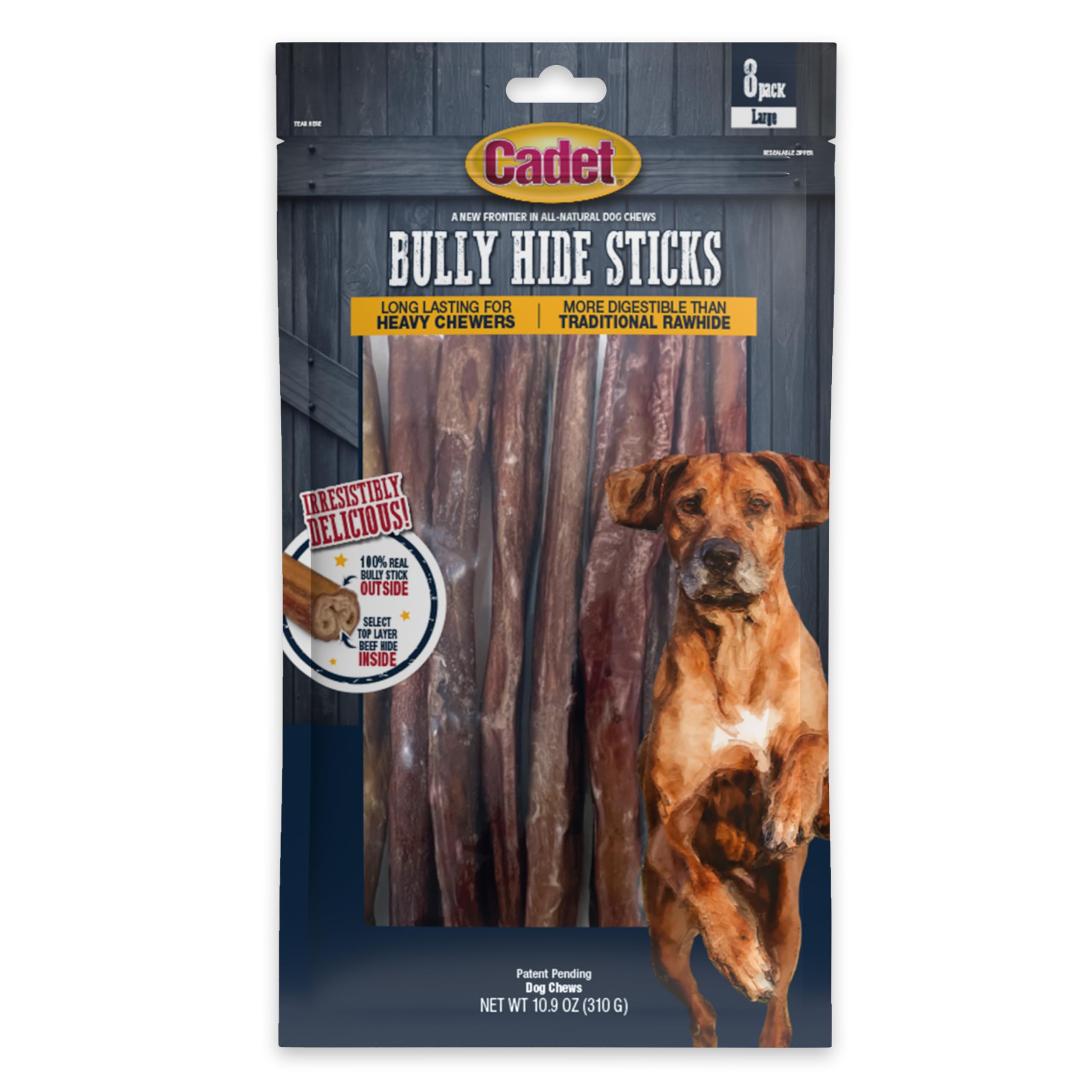 Cadet Bully Hide Sticks for Large Dogs - All-Natural Beef Pizzle, High Protein, Low Fat, Long-Lasting, Grain & Rawhide-Free Dog 