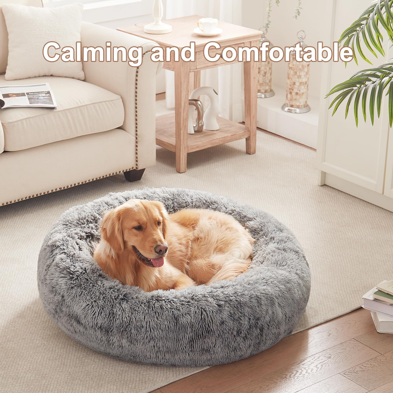 BedStill 36 inches Donut Dog Bed for Large Dogs - Calming Fluffy Round Pet Bed with Removable & Washable Cover,Fits up to 80 lbs