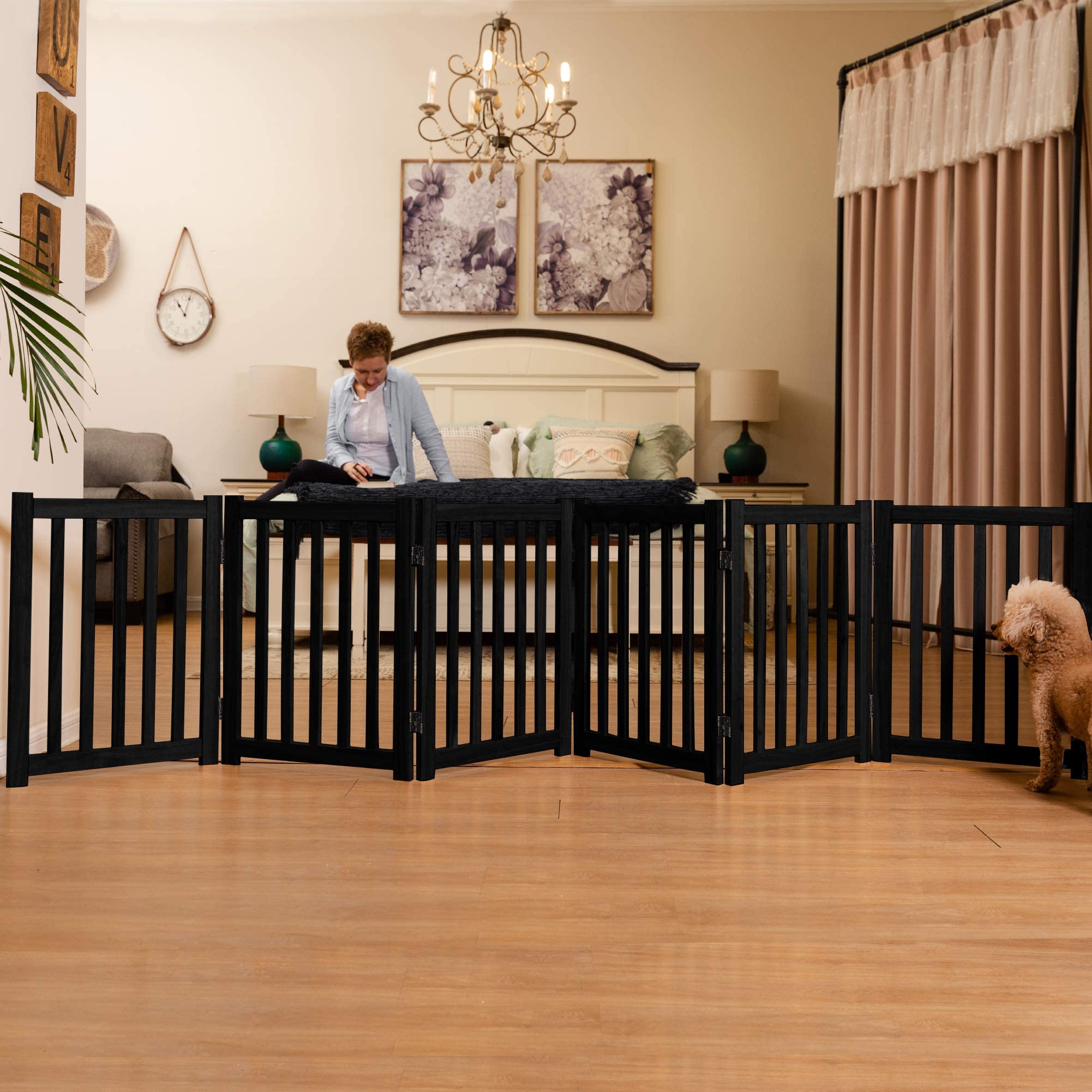 Lzrs 6-Panel Extra-Wide Freestanding Wooden Dog Gate ?24?igh Foldable Safety Pet Barrier For Doorways, Hallways, Kitchens, And Long Staircases, Durable Design Fit Small To Medium Dogs, Walnutl