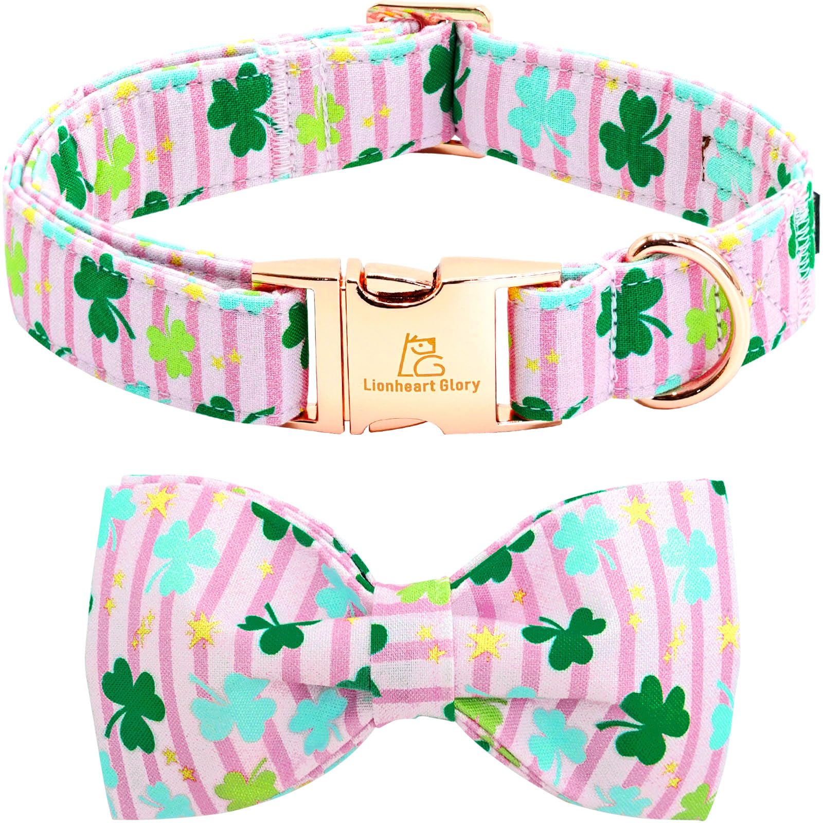 Lionheart Glory St. Patrick'S Day Dog Collar - Shamrock Dog Bow Collar With Bowtie For Small Dogs, Pink And Trefoil Pattern, Hea