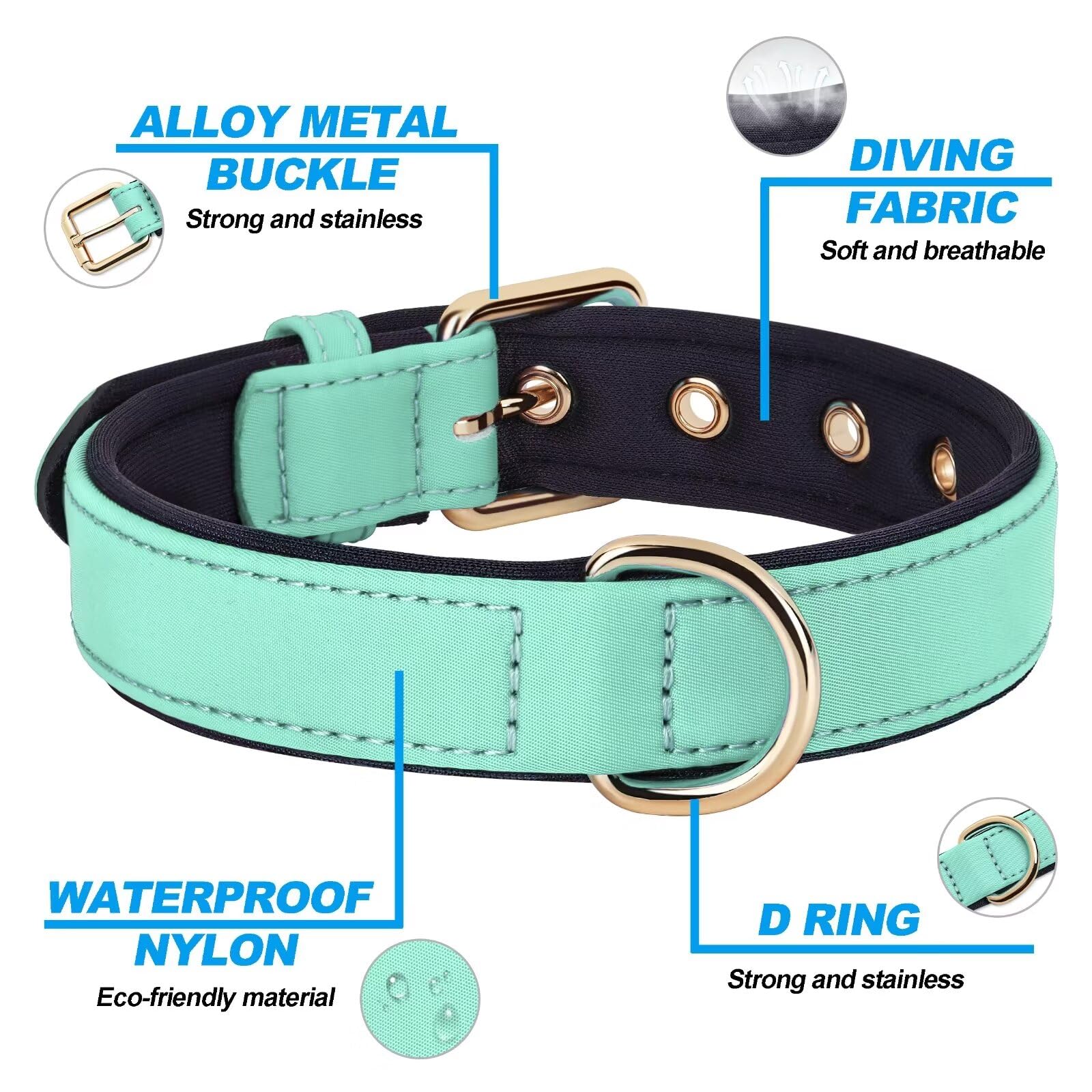 Didog Soft Padded Dog Collars For Medium Dogs, Lightweight And Breathable Dog Collar Waterproof With Metal Buckle, Green, M
