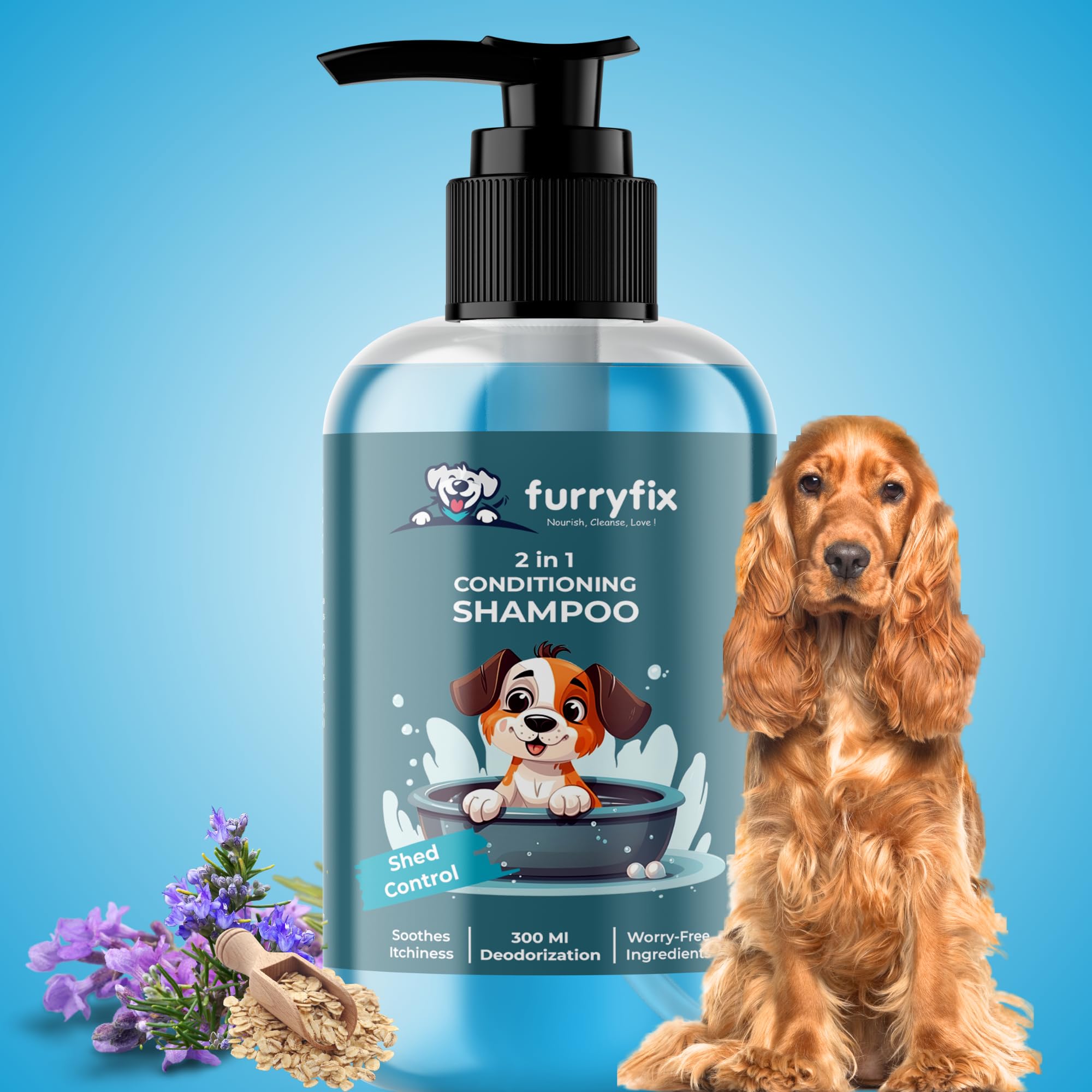 Furryfix Natural Shed Control 2 In 1 Conditioner Shampoo For Dogs And Cats 300 Ml, Moisturizing, Anti-Hair Fall Shampoo For Dogs