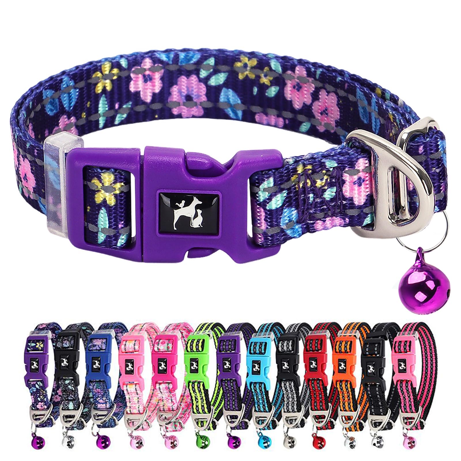 Floral Reflective Dog Collar With Bell -Xsmall Puppy Collars For Puppia Pet Cat Girl Kitten Small Breeds, Cute Adjustable Nylon 