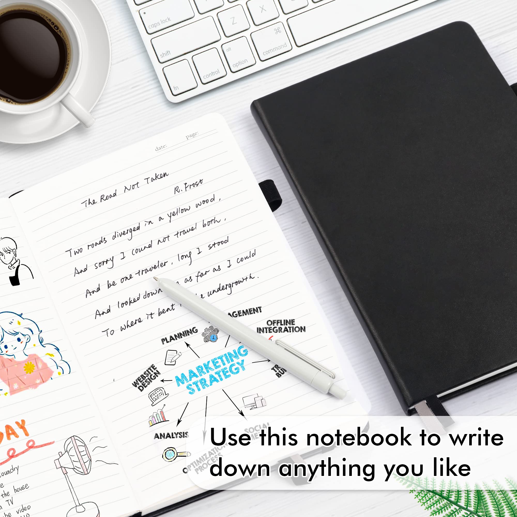 feela A5 Hardcover Notebook Set - 12 Pack with 12 Black Pens, Classic Ruled, Faux Leather, 5.1"x8.3", Black, Model A5CRN12