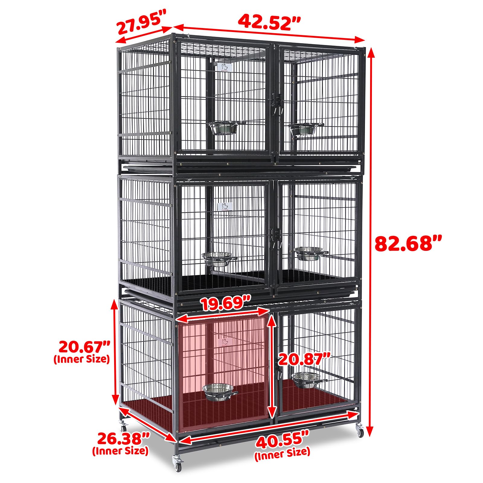 Homey Pet 43 inch Dog Crate 3 Floor Stackable Heavy Duty Dog Kennel Dog Grooming cage with Feeding Doors and Divider, Additional