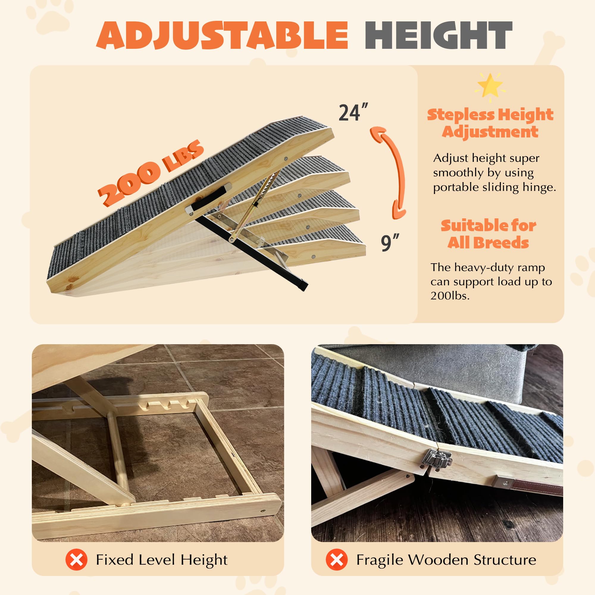 PETKARAY Dog Ramp for Bed, Folding Wooden, Adjustable 9"-24" Height, 47" Long, Beige, Model DR-01