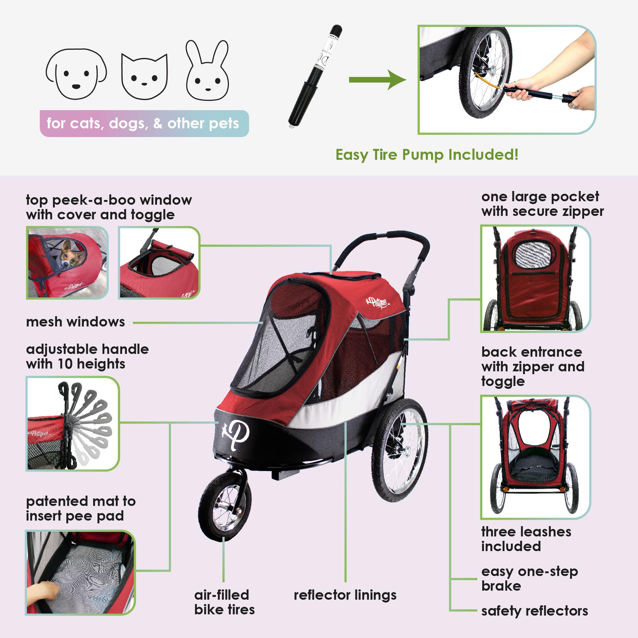 PETIQUE Trailblazer Pet Jogger/Stroller, Bike Trailer for Dogs & Cats, 32.3"L x 23.2"W x 41.3"H, Red, Supports up to