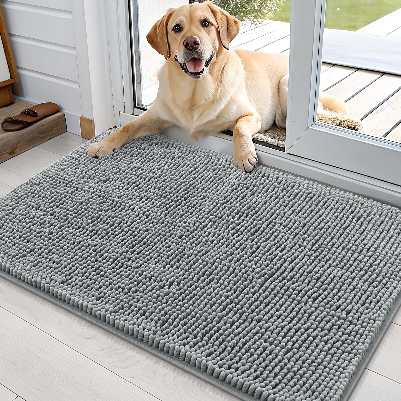 OLANLY Dog Door Mat for Muddy Paws 36x24, Absorbs Moisture and Dirt, Absorbent Non-Slip Washable Doormat, Quick Dry Chenille Mud