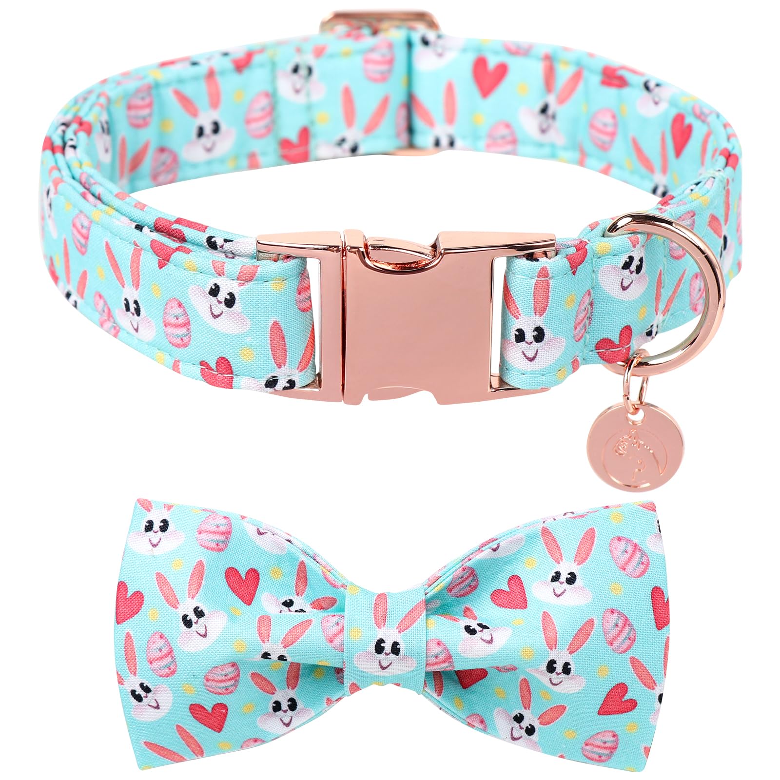 Dogwong Cotton Easter Dog Collar With Bowtie, Soft Adjustable Blue Bunny Easter Day Dog Collar Cute Colorful Egg Puppy Collar Fo