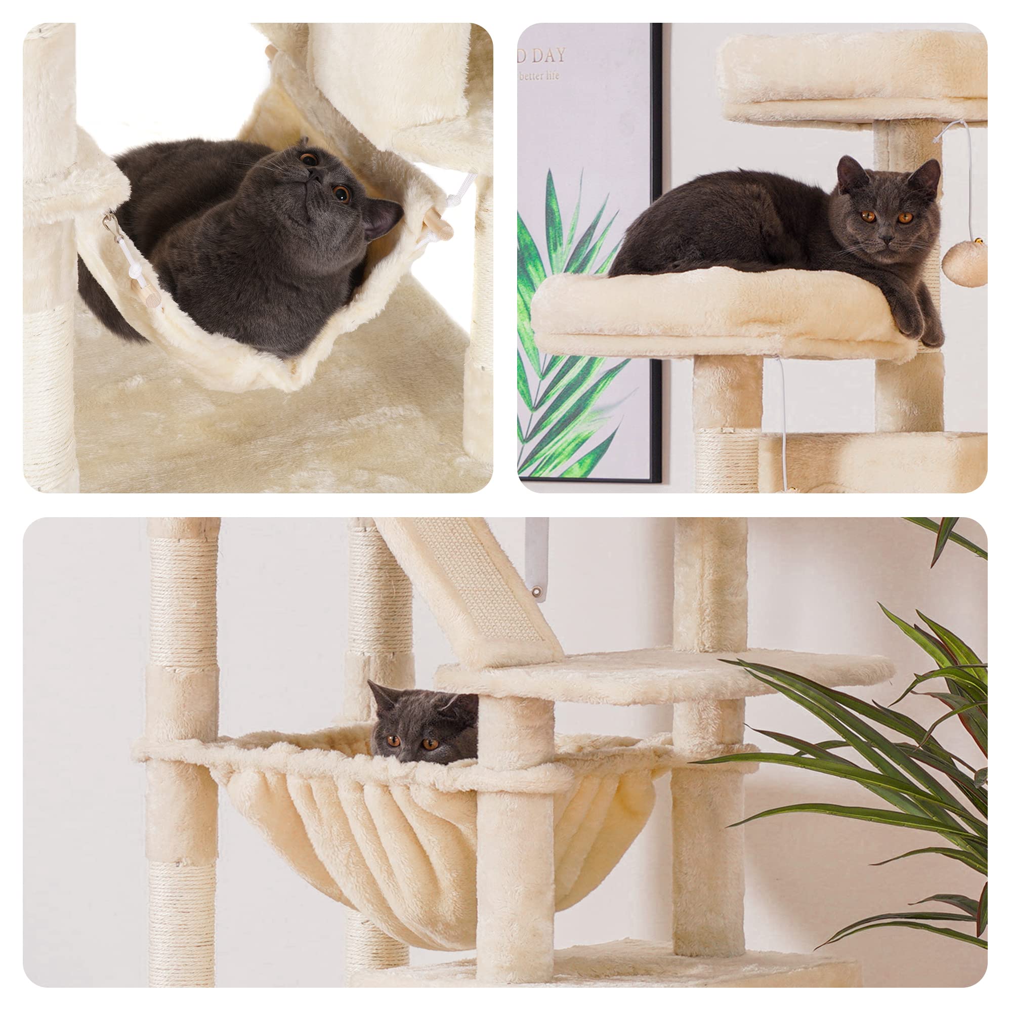 Heybly Cat Tree, 73 Inches Tall Cat Tower For Large Cats 20 Lbs Heavy Duty For Indoor Cats,Big Cat Furniture Condo For With Padded Plush Perch, Cozy Basket And Scratching Posts Beige Hct030M