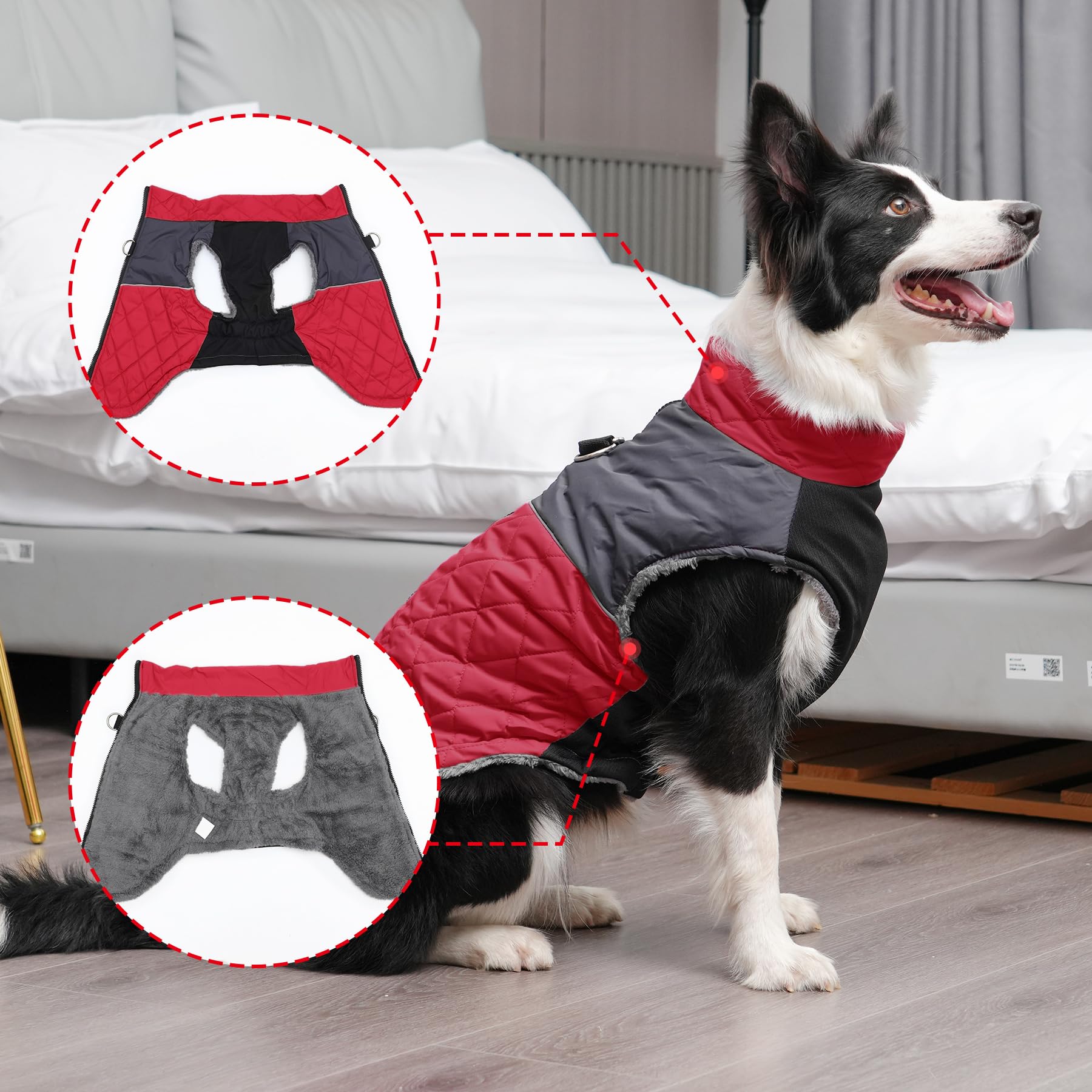 Joydaog Warm Fleece Dog Coats For Medium Dogs,D-Rings Waterproof Puppy Jacket For Cold Winter,Red Xl