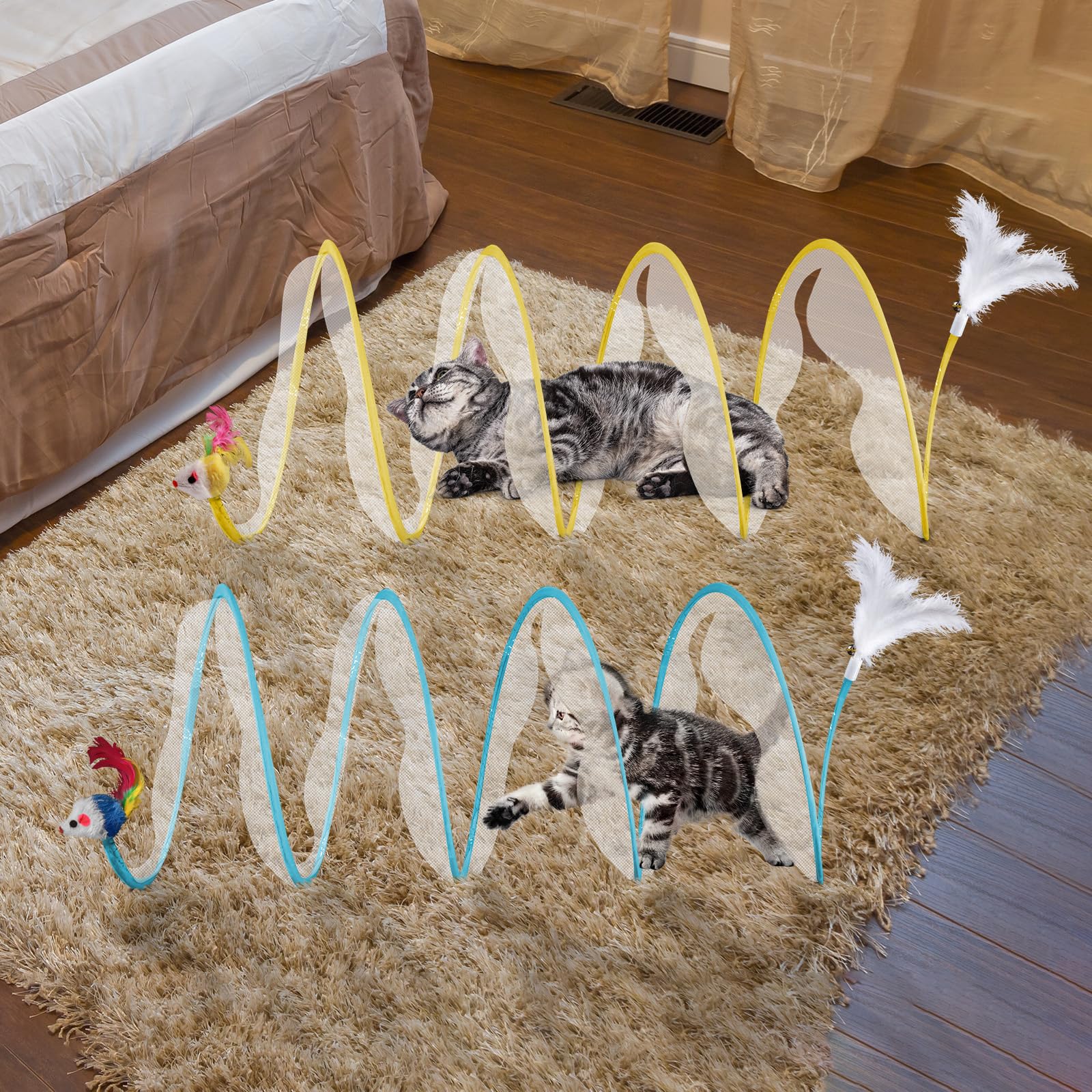 Eggsun 2-Piece Spiral Cat Tubes For Indoor Cats, Large Collapsible Tunnel With Feather Mouse Interactive Toy (Yellow + Blue)
