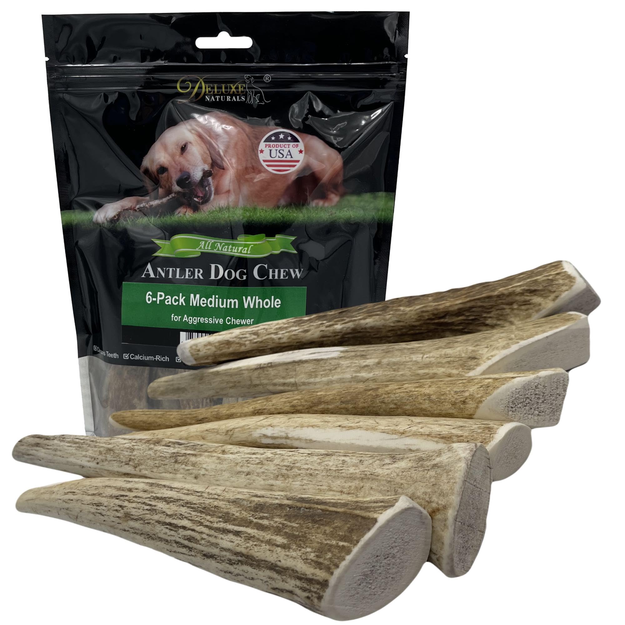 Deluxe Naturals 6-Pack Medium Whole Elk Antler Dog Chews (5.5 to 8+ in) - Long Lasting Natural Dog Bones for Small & Medium Dogs