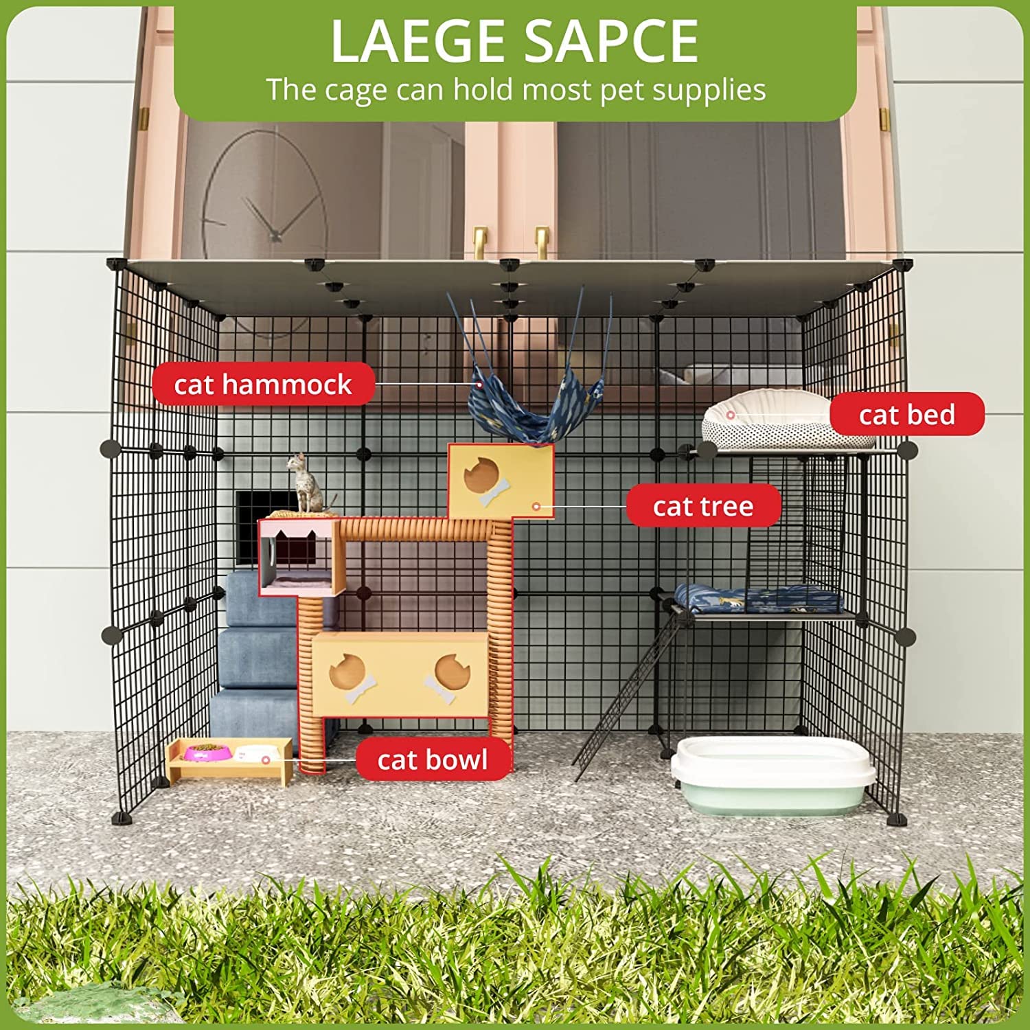 Eiiel Outdoorcat Cages Enclosure With Super Large Enter Door, 55.1Lx41.3Wx41.3H Cat House Balcony Playpen Platforms,Diy Kennels Crate Exercise Place Ideal For 1-4 Cats, Black, (El-387R)