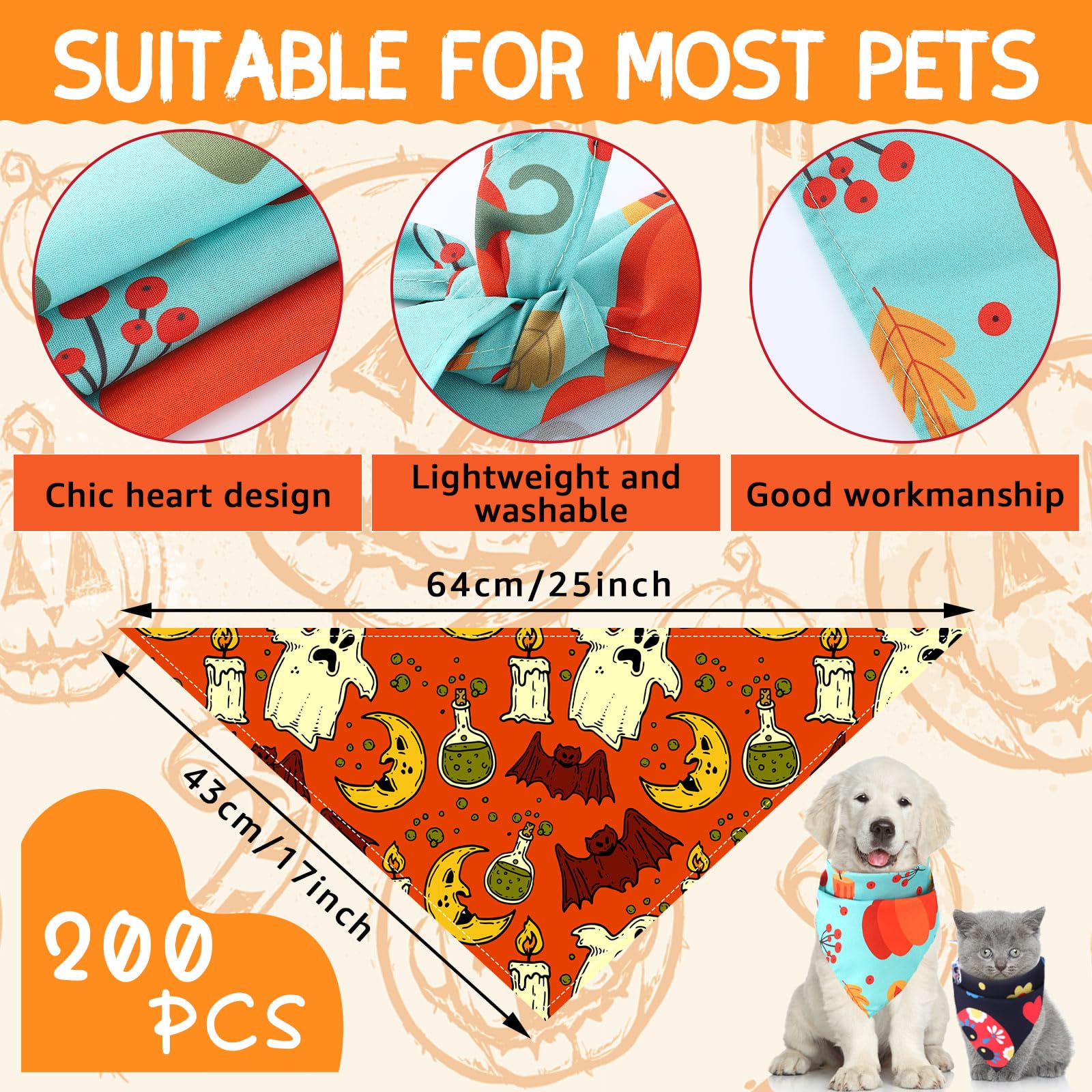 Huhumy 100 Pcs Halloween Dog Bandanas Bulk Pet Bibs Colorful Triangle Scarf Pet Bandanas for Medium Large Dogs Halloween Party C