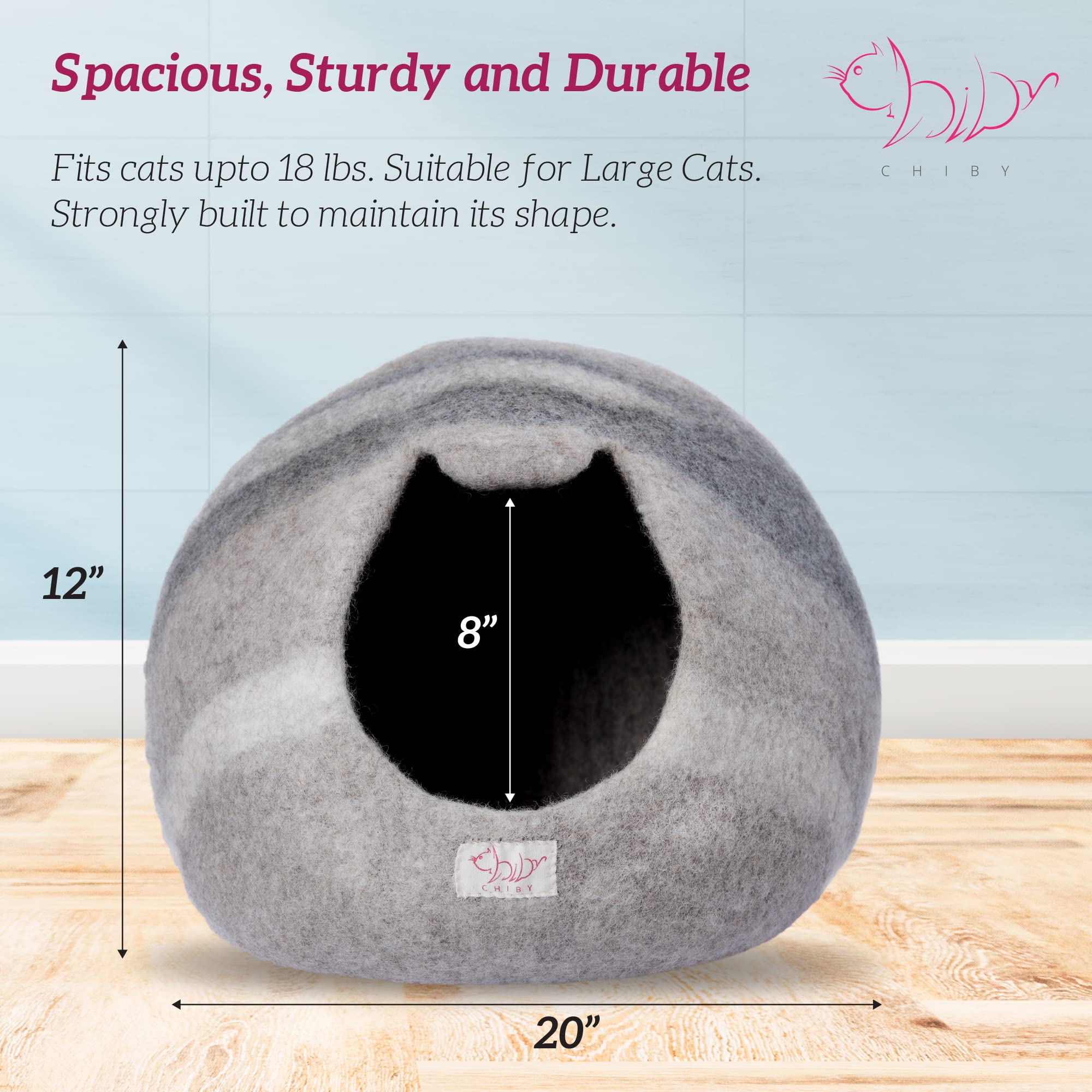 Chiby Cat Cave Bed (Large) Cat House For Indoor Cats~ Eco Friendly~ Hand Felted From 100% Natural New Zealand Wool !! (Grey Stripe)