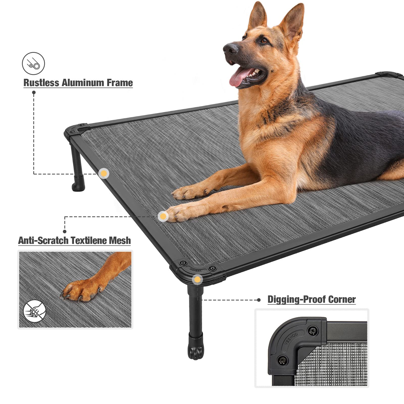 Veehoo Chew Proof Elevated Dog Bed - Cooling Raised Pet Cot- Rustless Aluminum Frame And Durable Textilene Mesh, Unique Designed
