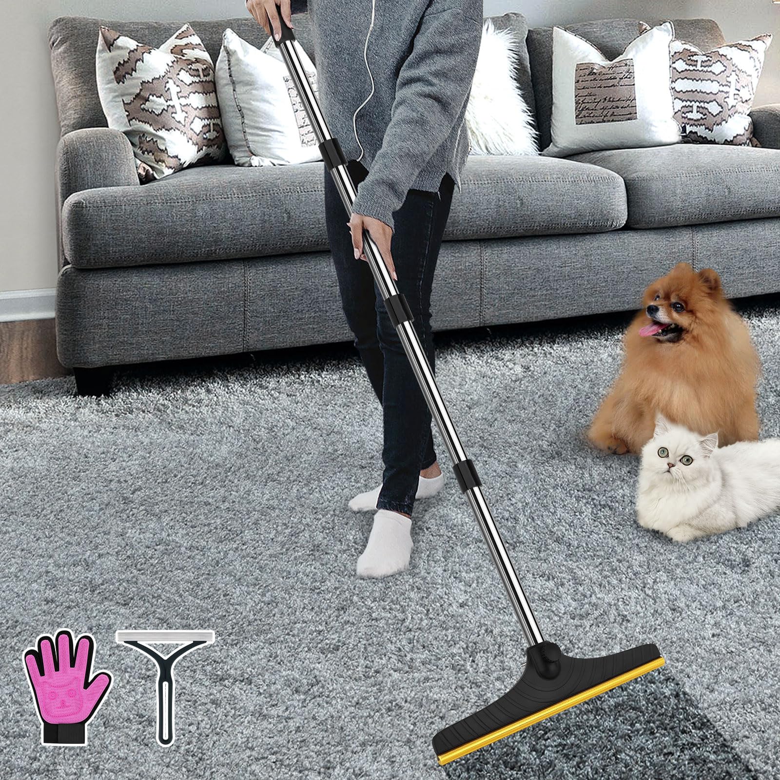 B-Land Carpet Rake for Pet Hair Removal, Reusable Pet Hair Remover with 60    Adjustable Long Handle, Carpet Scraper Dog Cat Hai