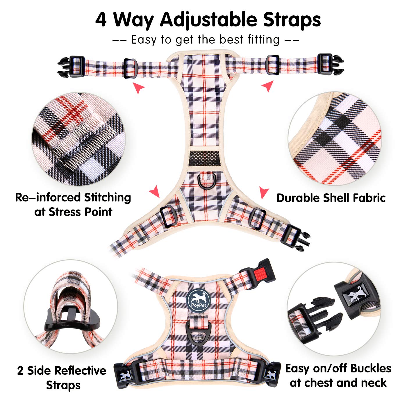 Poypet Plaid Dog Harness, No Pull Front Clip Pet Vest Harness, Soft Padded Reflective Adjustable Walking Harness With Handle For